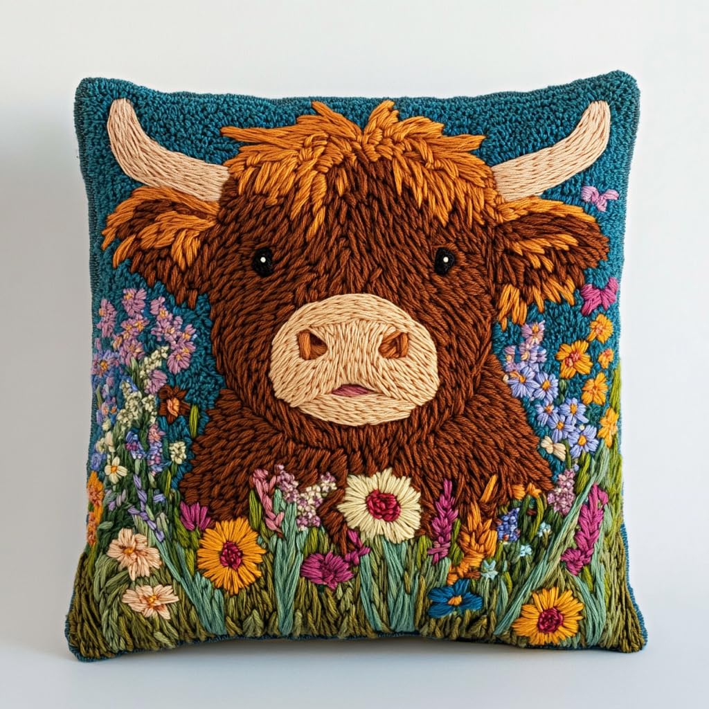DIY Punch Needle Pillow Kit Cute Brown Highland Cow in Grass with Pattern and Hoop Handmade Embroidery Punch Needle Starter Pillowcase Making Set for Home Sofa Decoration 43x43cm-8