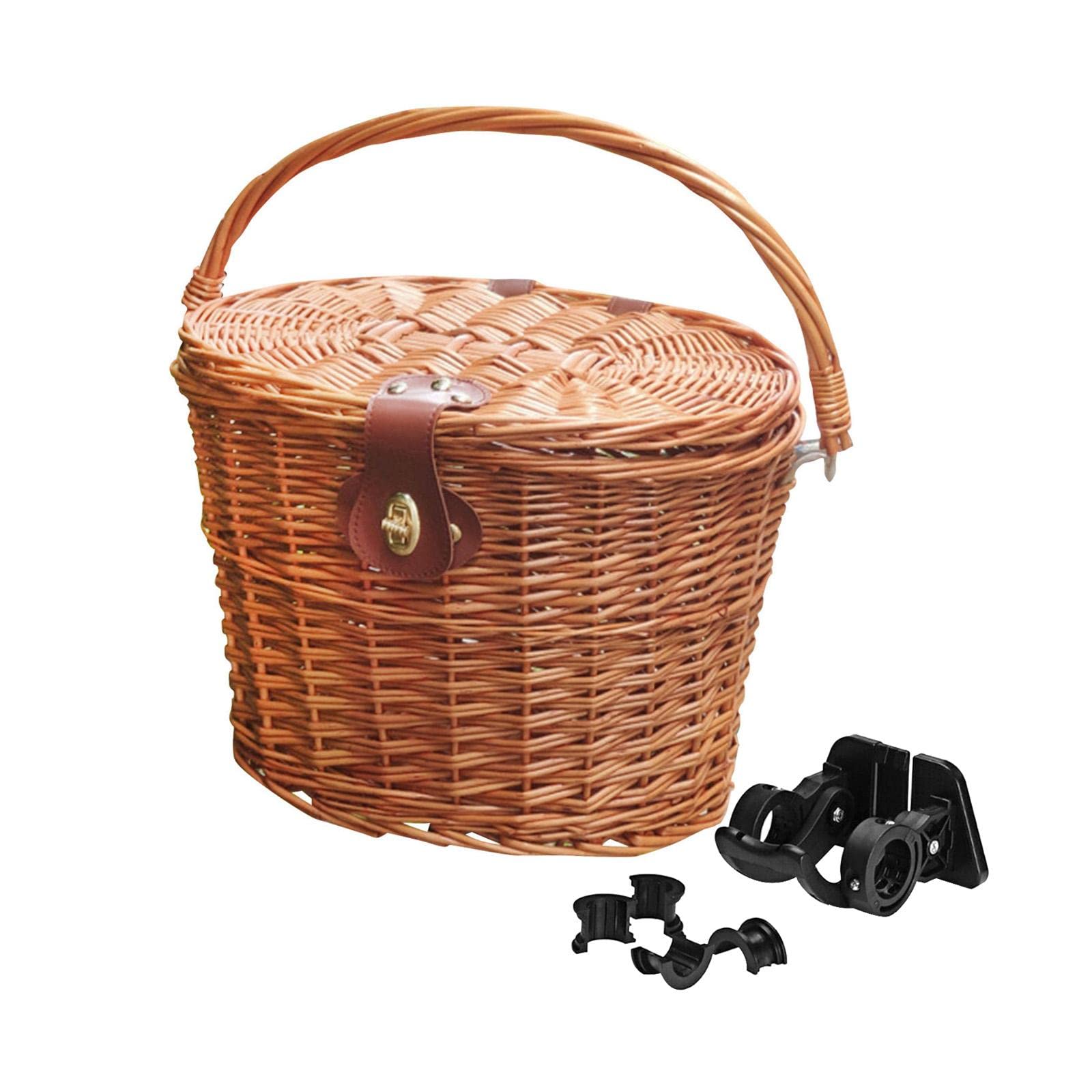 DYNWAVE Rural Bike Basket Handcraft, Knitting, Decoration, Accessories Vintage Style Storage Crafts with Lid with Handle Rattan Wicker for Picnic Women, Brown, Quick Release