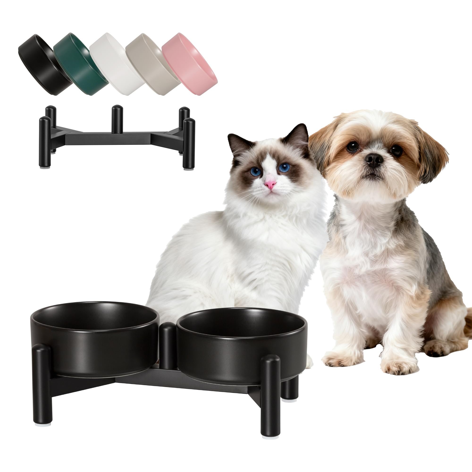 Raised Ceramic Dog Bowl Set - Elevated Double Dishes with Stainless Steel Stand - Food and Water Bowls for Small Dogs and Indoor Cats - Each Holds 1.6 Cups (10.8 fl oz) - Black