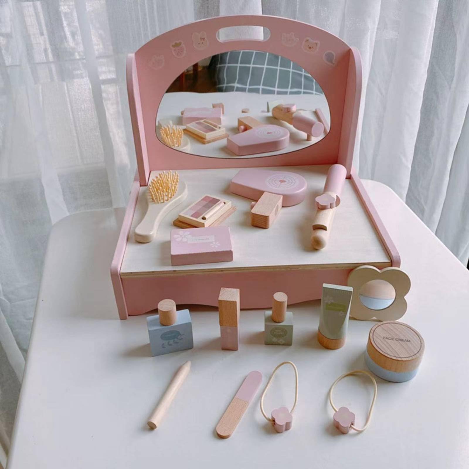 Set da Trucco Finto per Bambini Idea Regalo Set Trucchi e Parrucchiere Finti Interazione Genitore-Figlio Kit Cosmetici in Legno per Stanza Dei Giochi
