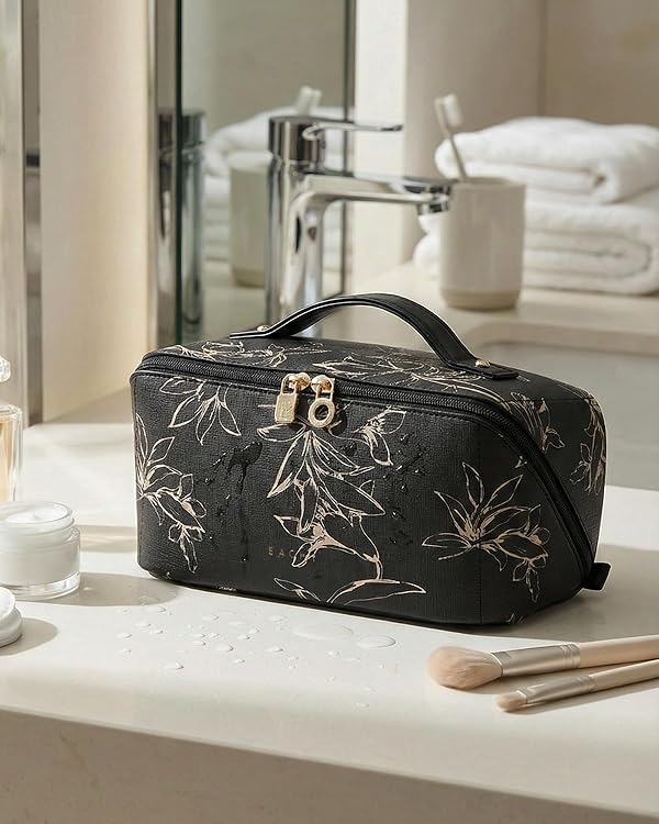 EACHY Travel Makeup Bag,Large Capacity Cosmetic Bags for Women,Waterproof Portable Pouch Open Flat Toiletry Bag Pattern Makeup Bag (F-Black-Large) by EACHY - Image 8
