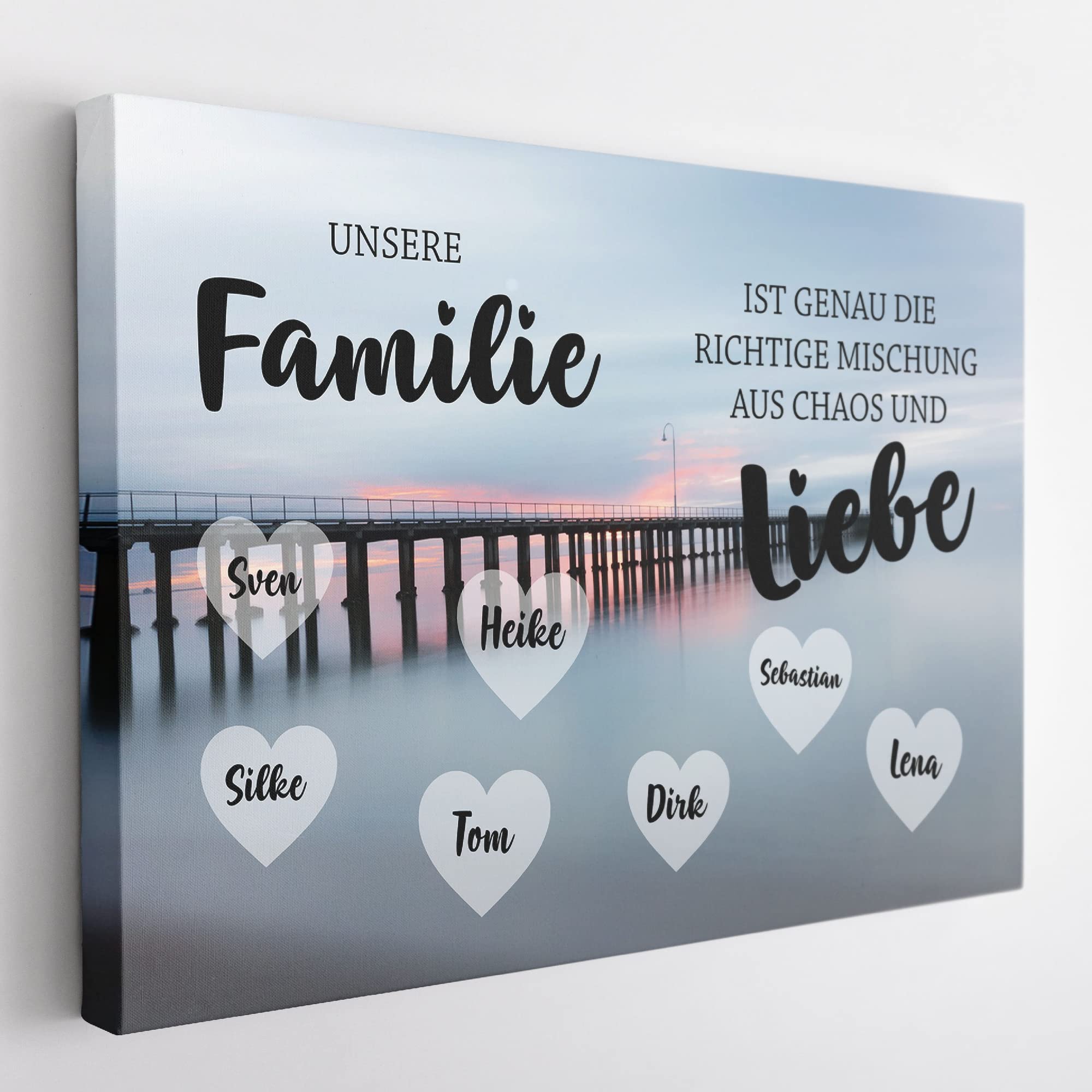 Individuelle Leinwand Familie Pier mit eigenen Namen Geschenk für Eltern Valentinstag Deko Geschenkidee Wohndeko Leinwandbild Muttertag Vatertag mit individuellem Namen bis 7 Personen (60x40cm)