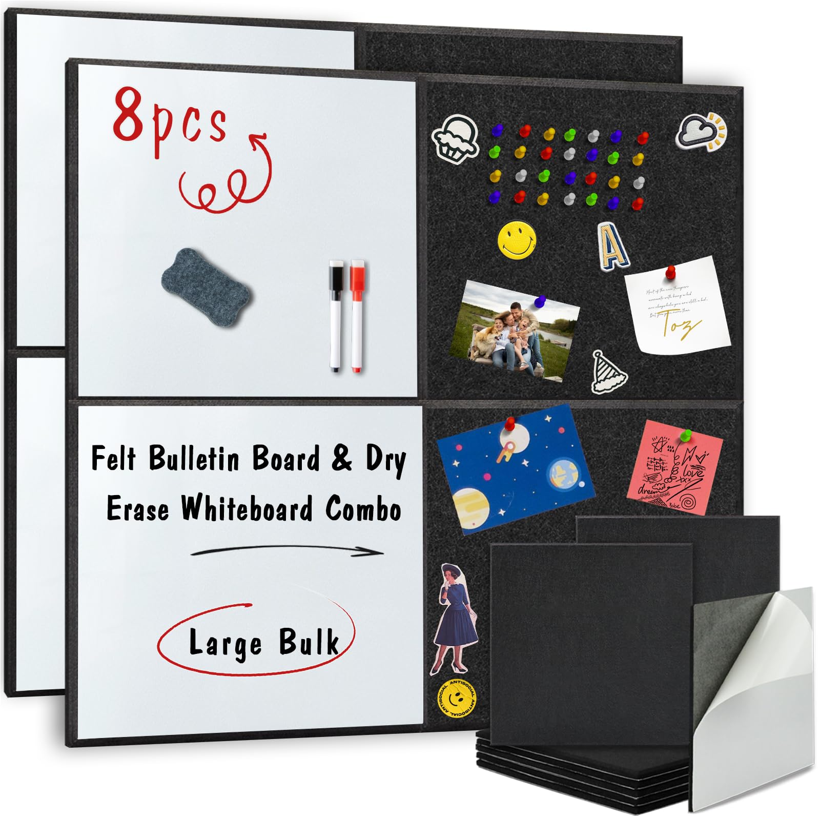 BXI Magnetic Dry Erase Whiteboard & Felt Bulletin Board with Pins Combo, 8 Pcs 12 X 12 X 3/8 Inch Self-Adhesive Vision Display Tiles, Note Memo Panels