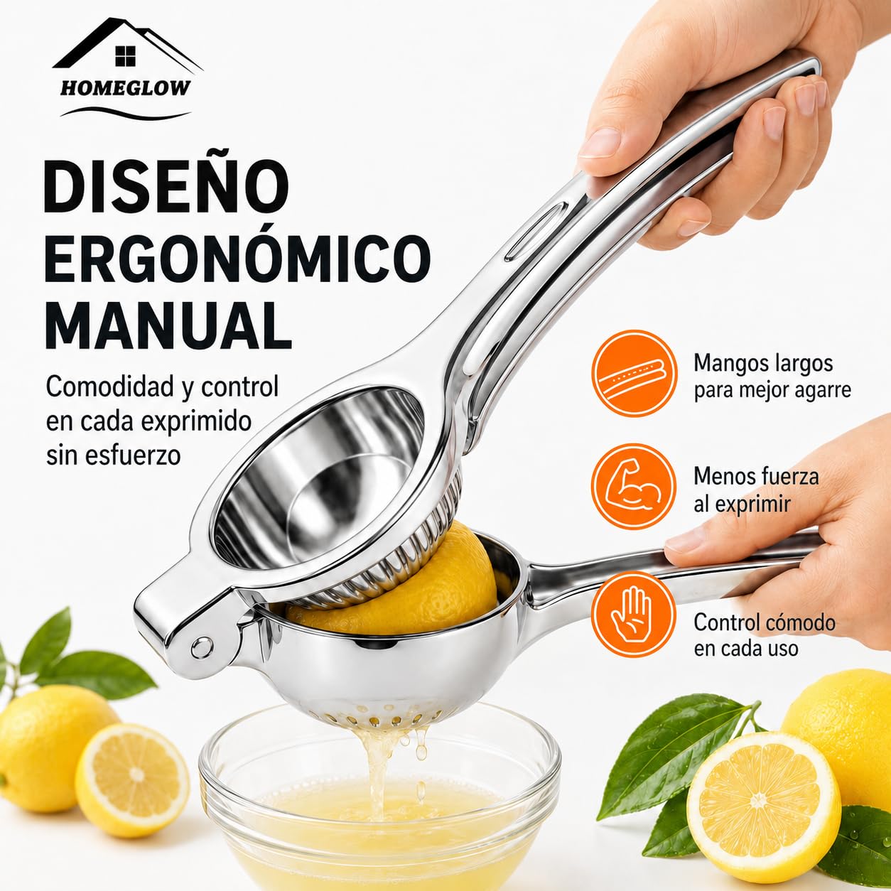 Exprimidor de Limón Manual de Acero Inoxidable Grande HOMEGLOW · Prensa Cítricos para Limones y Limas · Resistente Ergonómico para Cocina Doméstica y Profesional