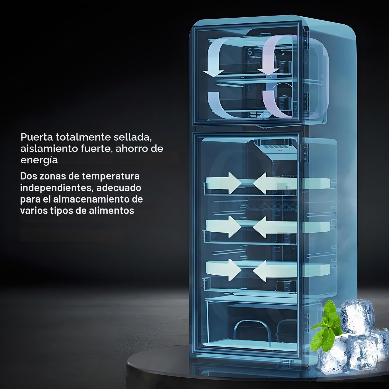 Frigorífico retro. Combinación de congelador de dos puertas con 60 litros de capacidad total y 22 litros de capacidad en el congelador. 102 kWh/año, -27 °C ∽ 13 °C, luz LED,White