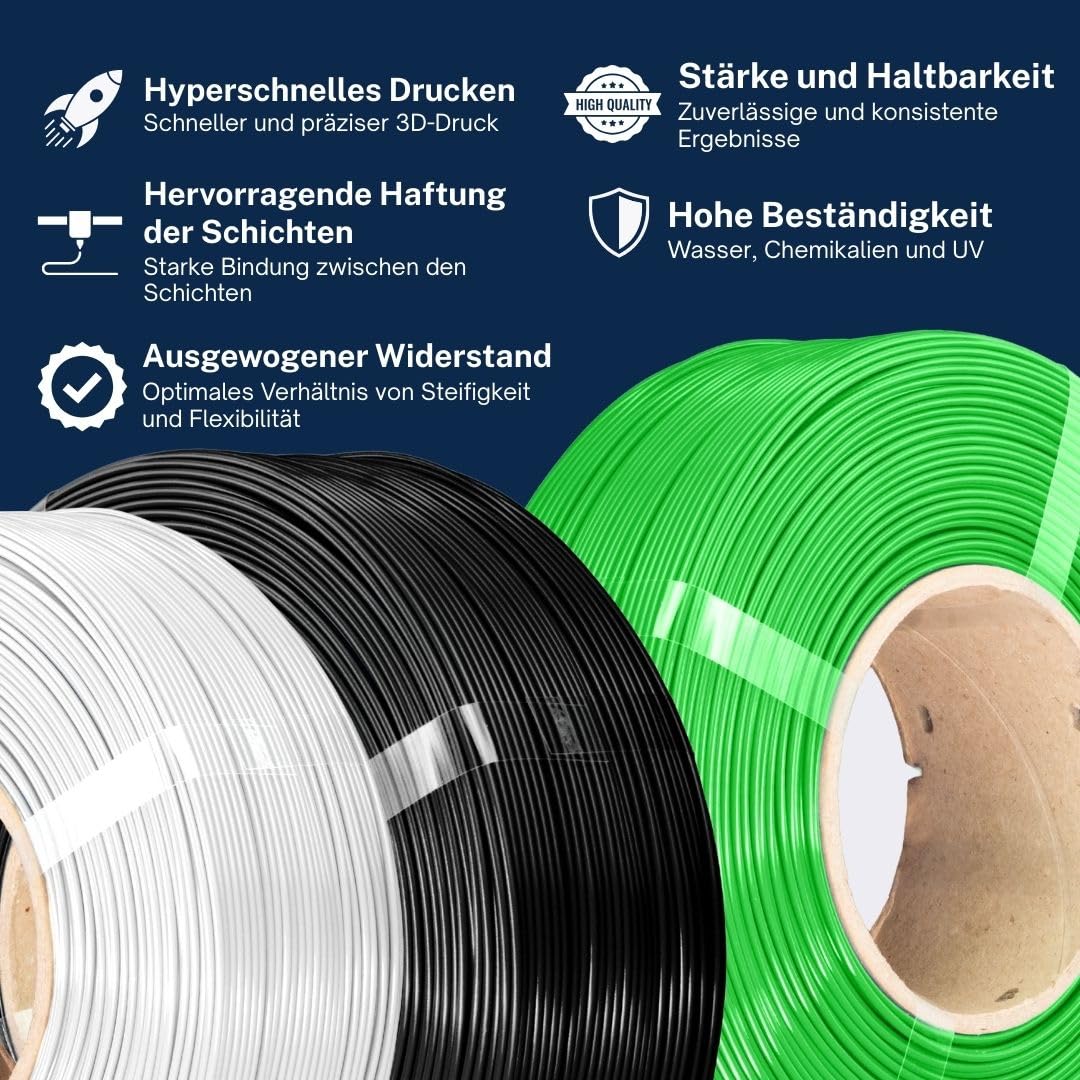 AzureFilm PETG Hyper Speed Refill Filament 1,75 mm, 10 kg (10x1 kg), stark & langlebig, feuchtigkeitsbeständig, für Hochgeschwindigkeits-3D-Druck, inkl. 2 gratis Spulen (Schwarz)