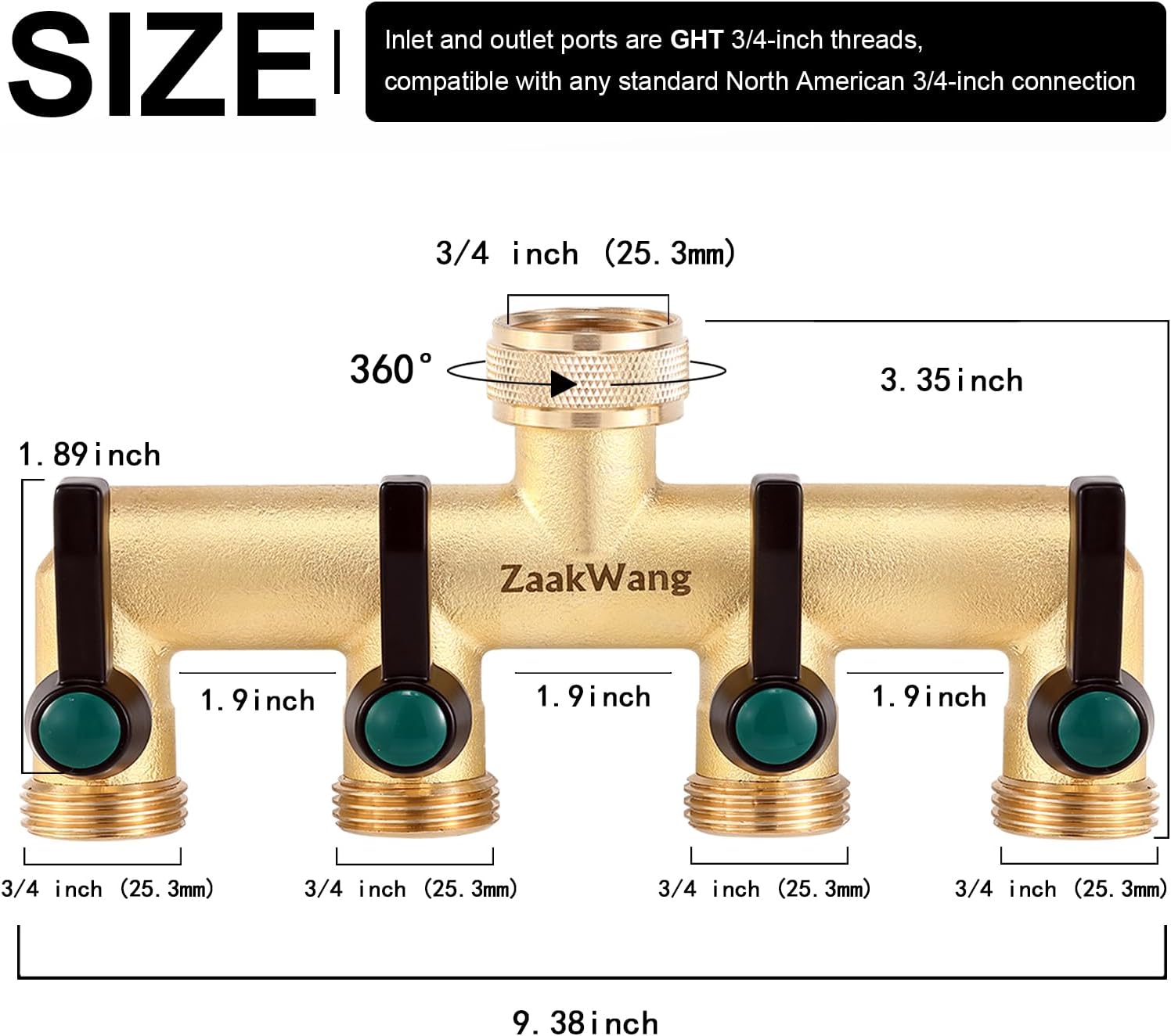 brass garden hose splitter, 4 way spigot splitter, heavy duty hose tap splitter connection with 4 individual on/off valve and extended handle, 3/4 inch male thread water outlet 4 way hose splitter