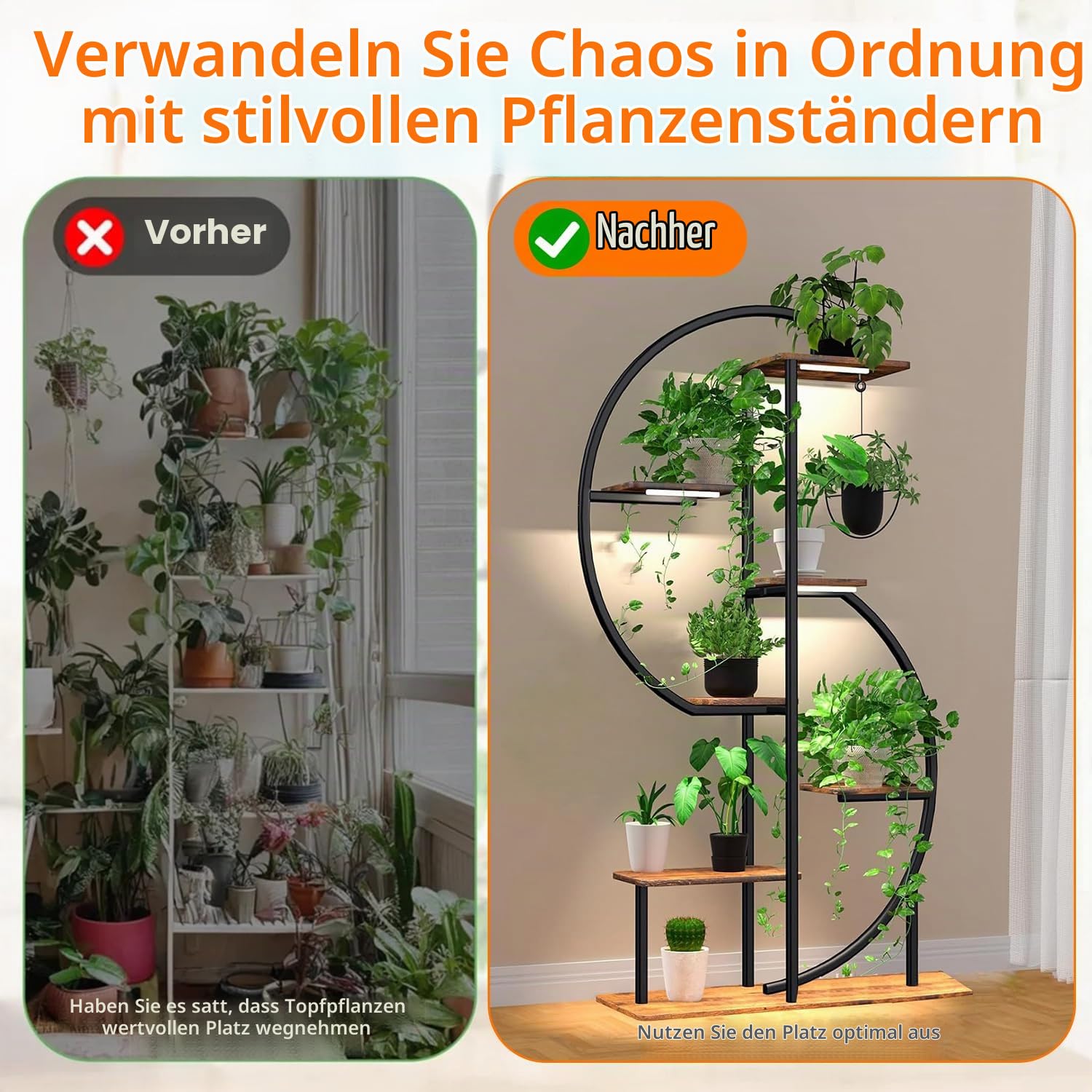 APAKA Pflanzenregal für den Innenbereich mit Wachstumslicht, 7 Ebenen Blumenregal 155 CM Metall Holz Pflanzenständer, Eckpflanzenständer für Zimmerpflanzen, Innen & Außen Blumentreppe