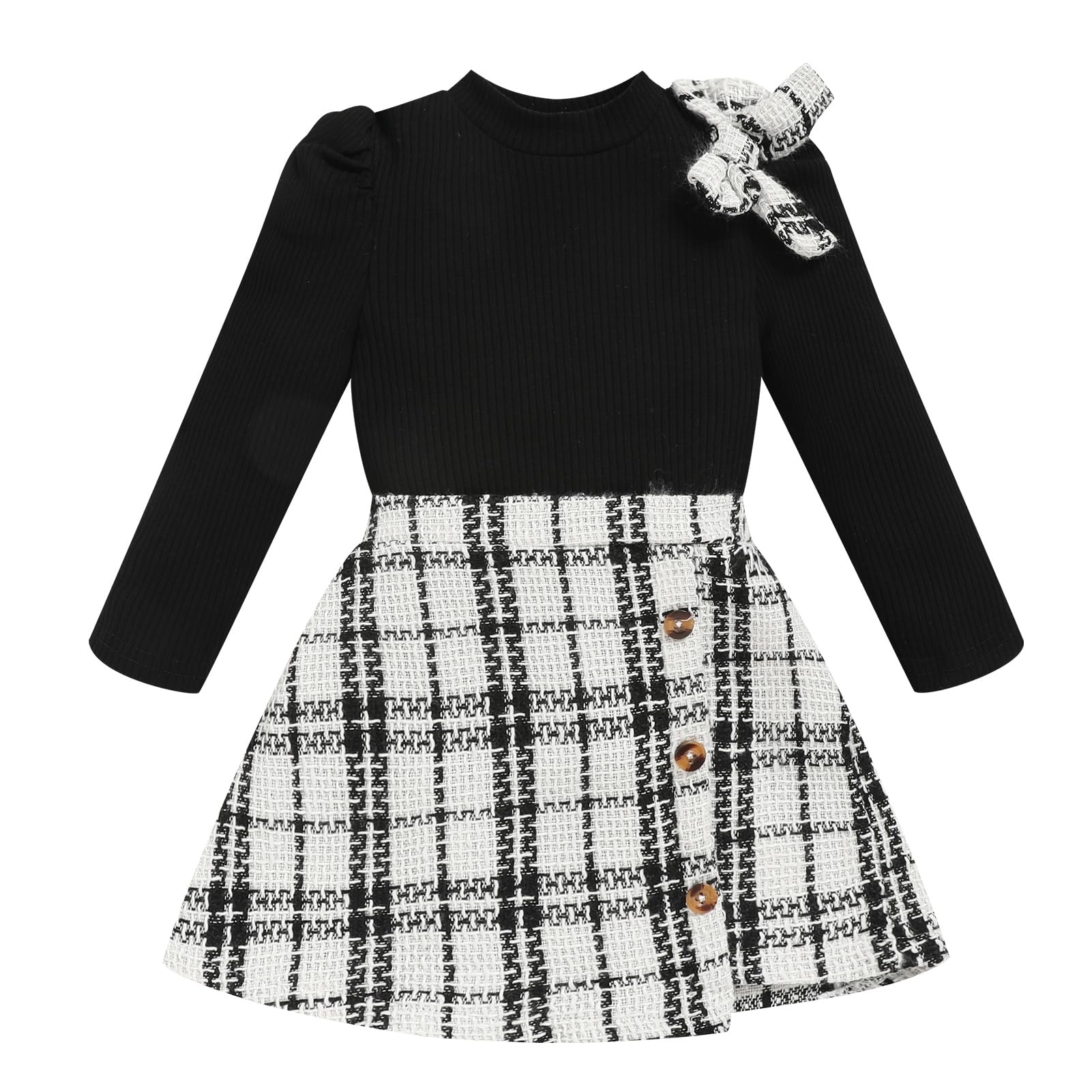 Toddler Girl Plaid Outfits Fall Winter Dress Knit Ribbed Bow Sweatshirt Tops and Button Fashion Skirts Set