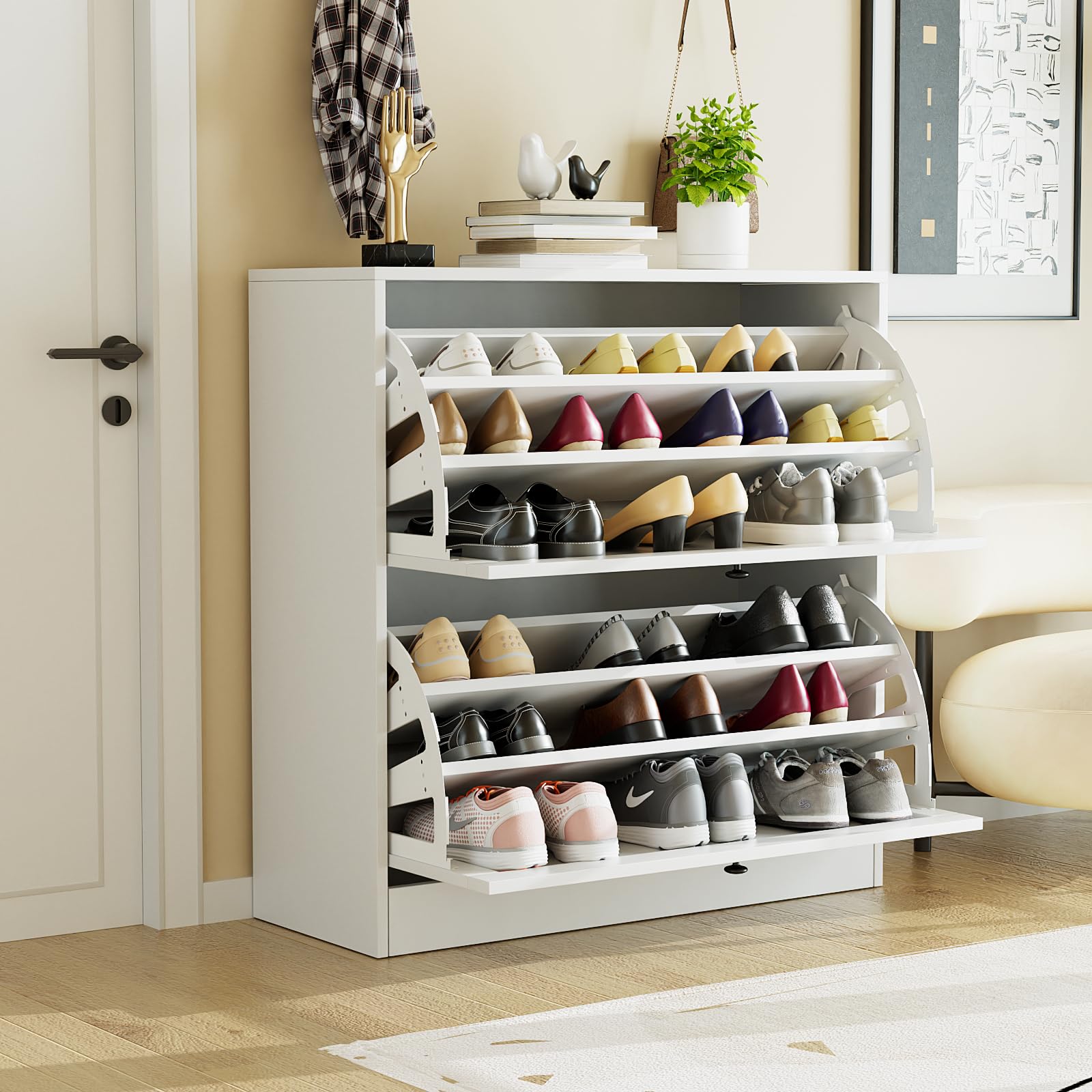 VOWNER Scarpiera Portascarpe in Legno, Scarpiera Slim, Ingresso, Regolabili, con 2 Ante a Ribalta e Tripla Profondita, 80x80x30 cm (LxAxP), per Ingresso Casa, Bianco