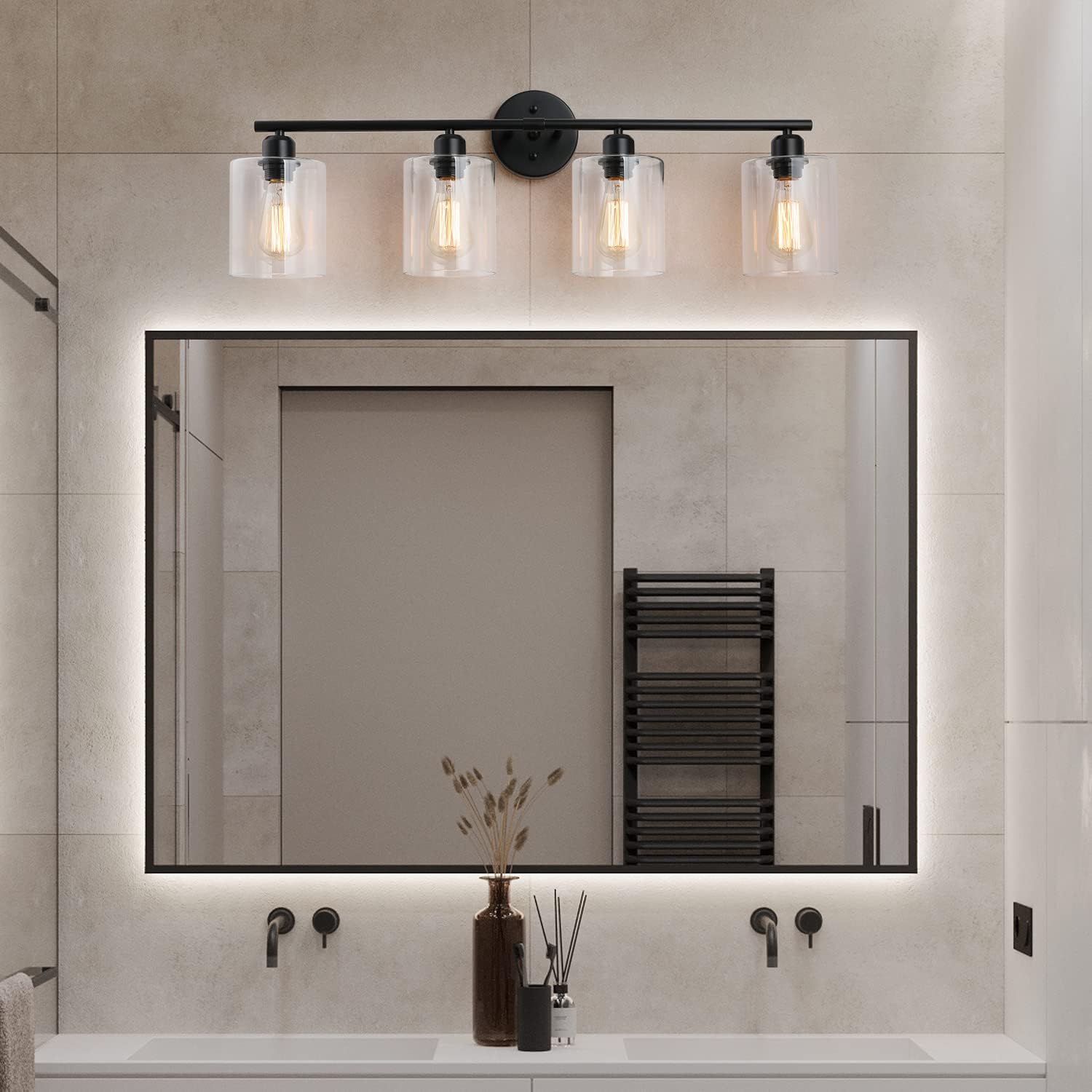 4-Lights Bathroom Vanity Lights Fixtures Over Mirror,Matte Black Bathroom Wall Light,Modern Bathroom Lighting Fixture with Clear Glass Shade,Farmhouse Wall Sconces Lighting for Bath