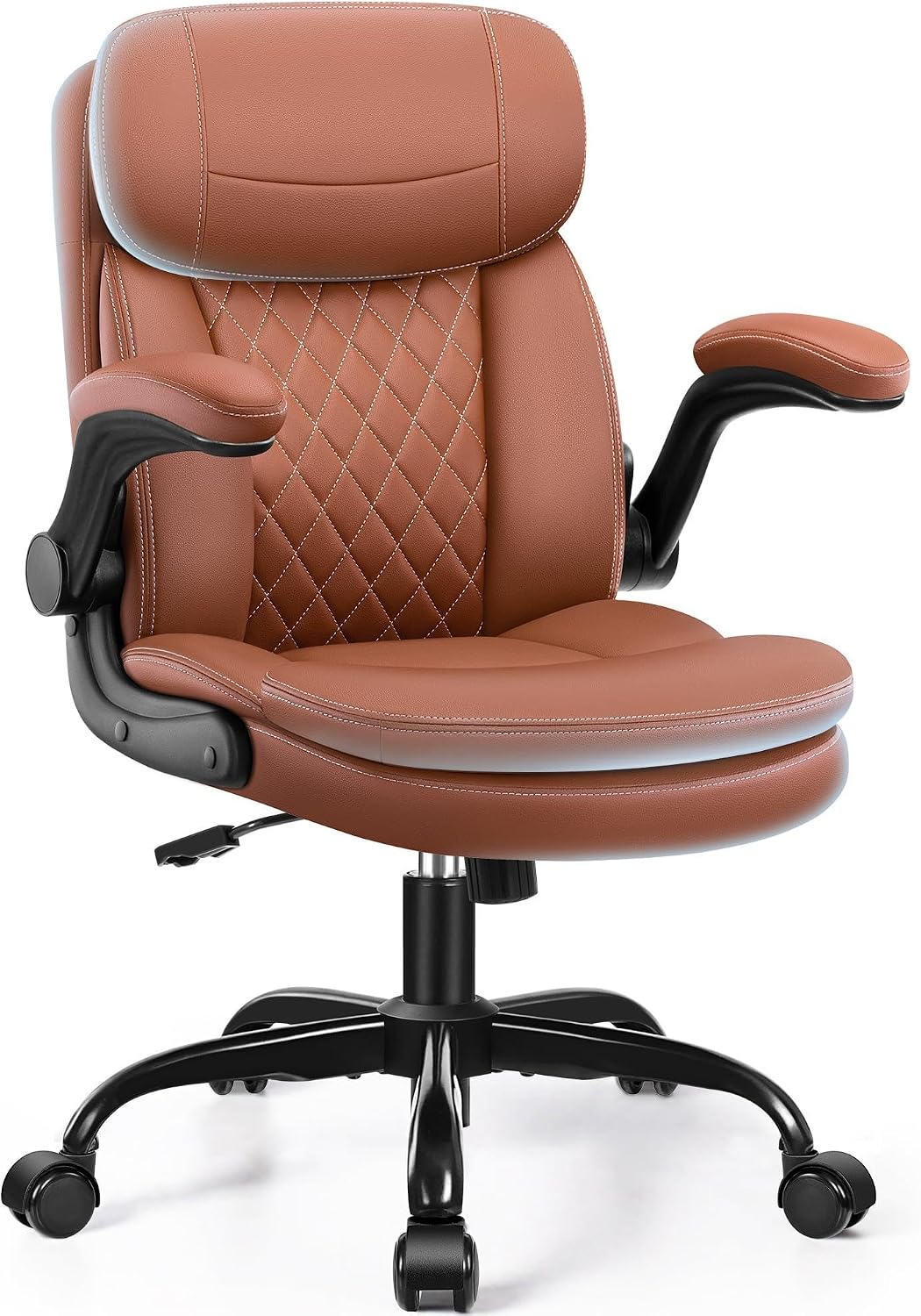 Leather Office Chair, Upgraded PU Computer Desk Chairs with Double-Layer Seat Cushion and Neckrest, 360°Swivel, Ergonomic Small Gaming Chair with Wheels and Adjustable Armrests for Short People, Brown