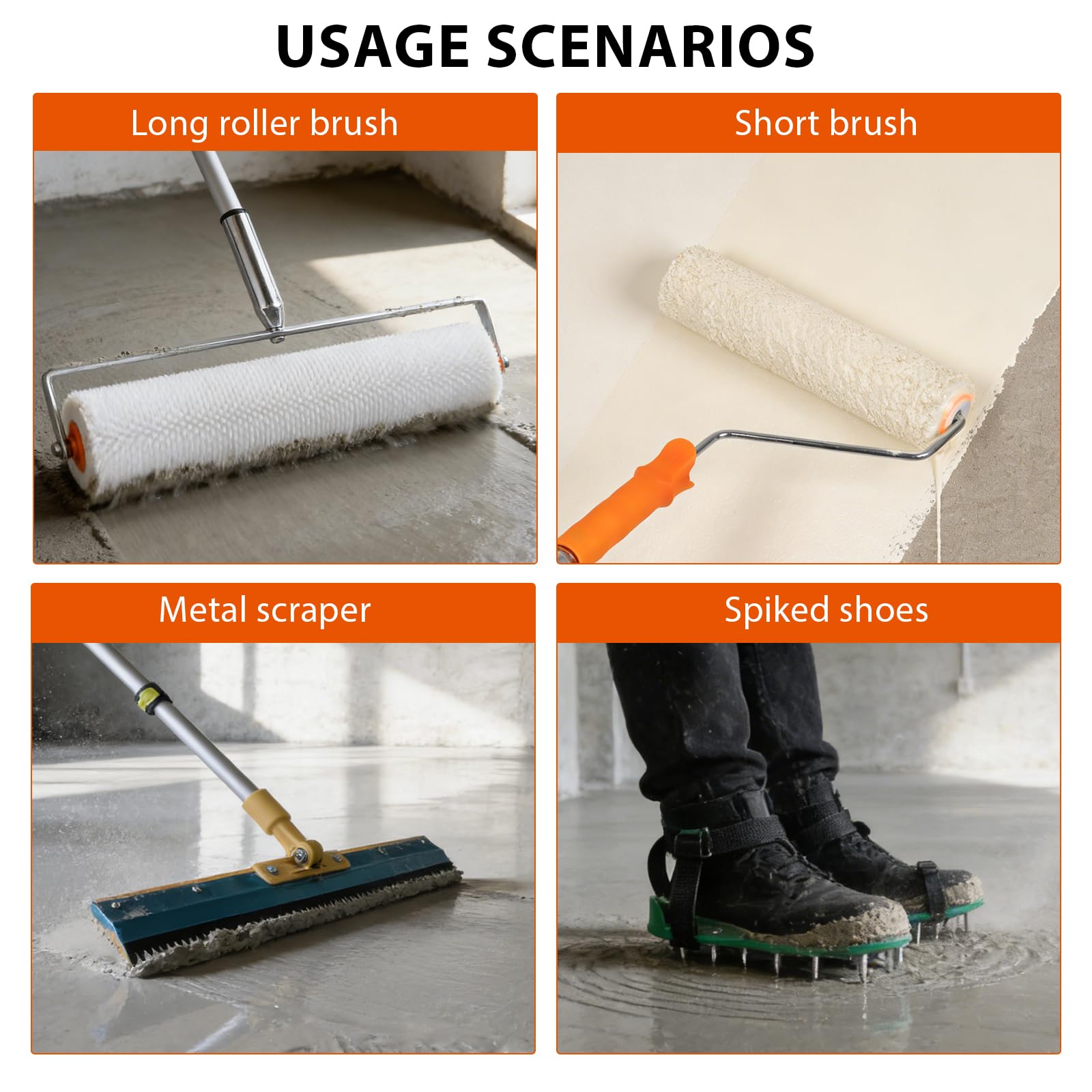 EXLECO Kit Autolivellante Per Pavimenti, 3&5MM Bifacciale Raschietto Pavimenti in Acciaio Inox, Rullo di Sfiato, Pittura con Rullo, Asta Telescopica, Scarpe Chiodate 30MM, Spatole per Stucco, Guanti