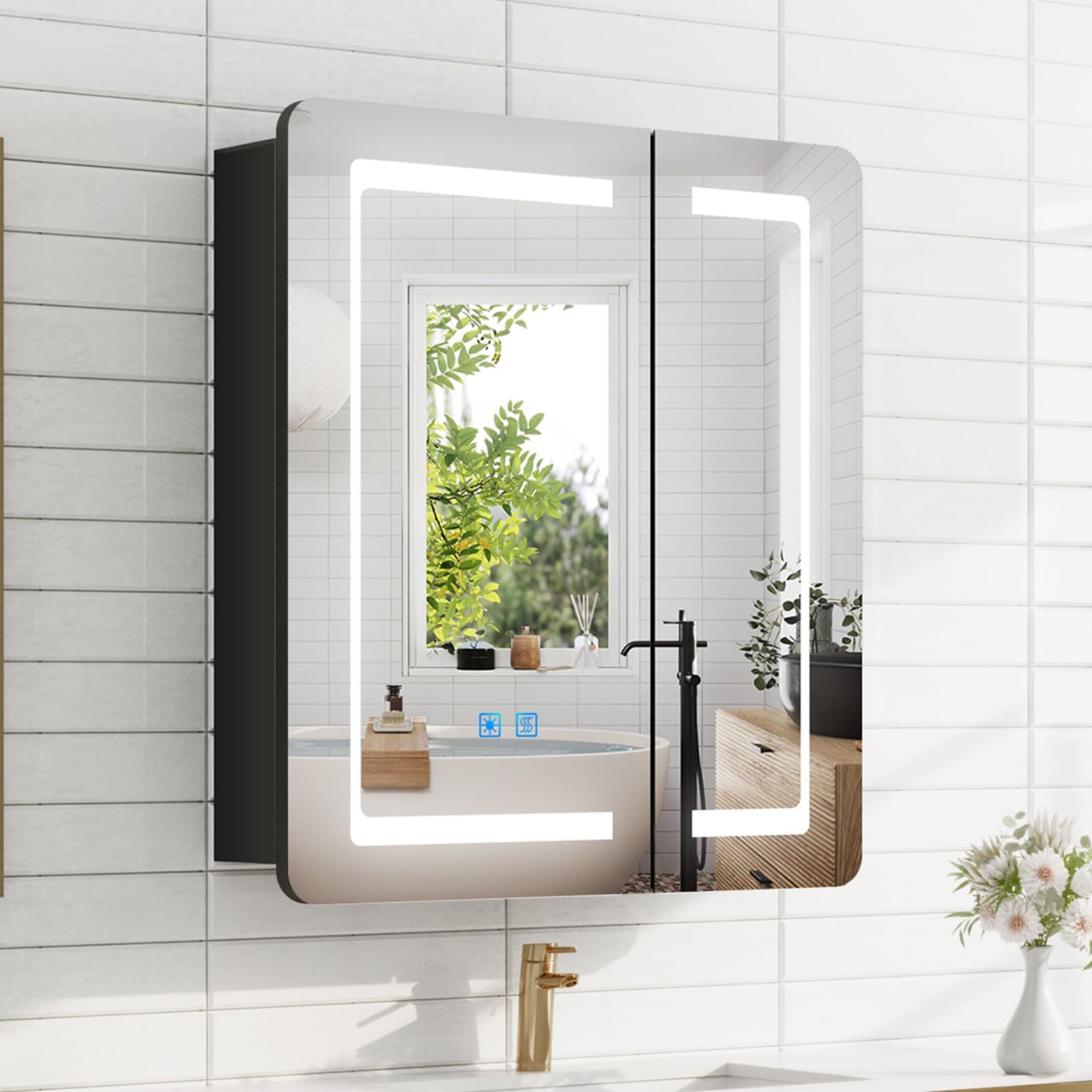 LUMIRRORS® LED Bathroom Mirror Cabinets with Shaver Socket 60x70cm, 2-Doors Wall Mounted Bathroom Cabinet with Mirrors and Lights, Anti-Fog, 3 Colour Lighting, Dimmable, Touch Switch, Matt Black,IP44