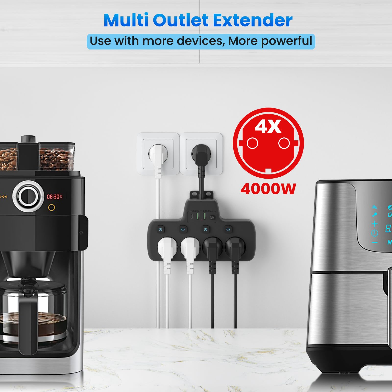 Ciabatta Elettrica con Interruttore, Ciabatta Multipresa con 4 Presa e 3 USB Carica,Presa Multipla Salvaspazio con Interruttori Indipendenti,4 Posti Multipresa Schuko da Parete 0,1M Cavo Corto,Nero