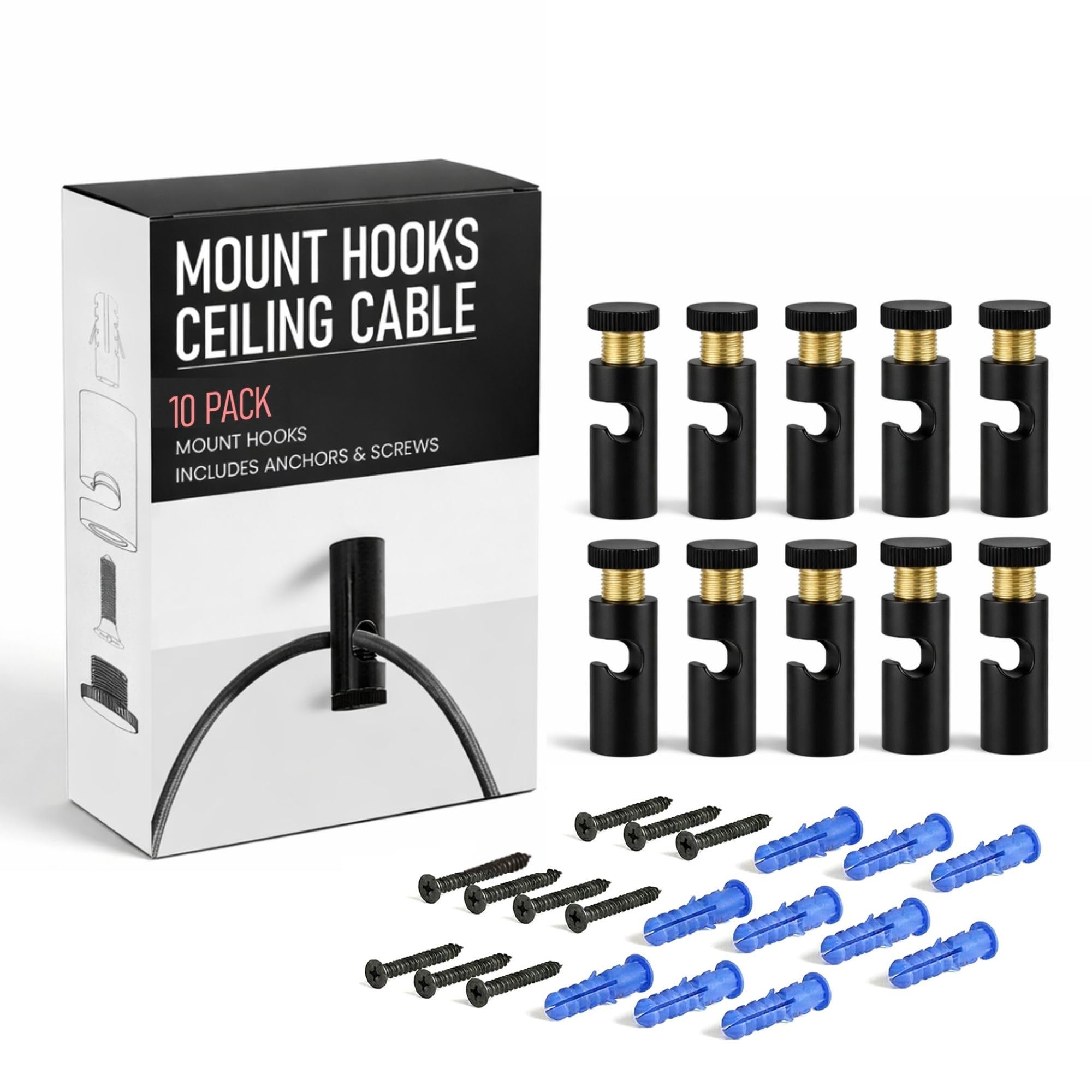 LEDSone 10 Pcs Ceiling Cable Mount Hooks for Swag Chandelier and Spider Lighting Minimalist Cord Keeper Easy Fit Metal Hook with Screw for Pendant Light Cable