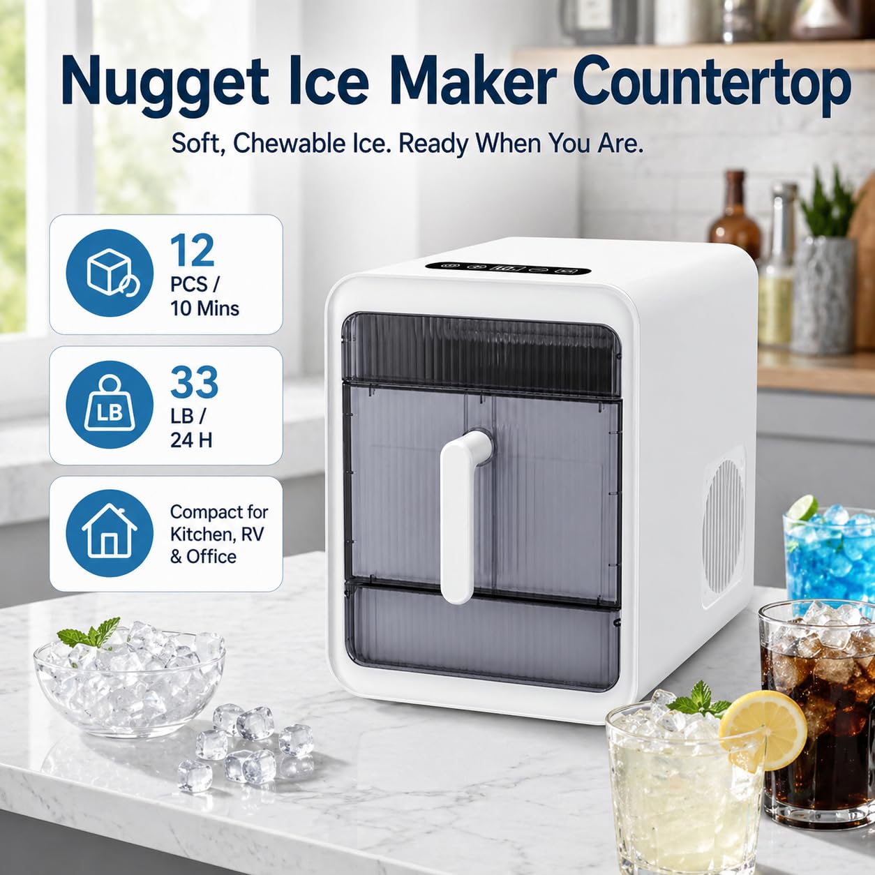Macchina per cubetti di ghiaccio portatile da banco, macchina per cubetti di ghiaccio portatile da 12 pezzi/10 minuti, funzione autopulente, per cucina domestica, ufficio, bar, camper, appartamento