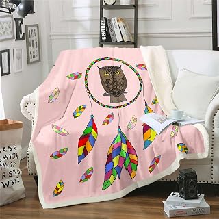 Dreamcatcher - Manta de felpa colorida atrapasueños con plumas de búho Sherpa para niños y niñas, manta bohemia de forro polar, manta rosa mullida para sofá cama, tamaño Queen, 90 x 90 pulgadas
