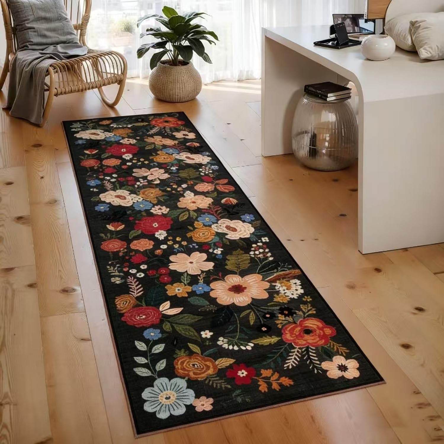 Senaire Runner Rugs for Hallway, 60X180Cm Machine Washable Door Mat Non Slip Long Floral Carpet Runners Rug for Hallway Entryway Bedroom Bedside Kitchen Living Room Laundry Lounge Office (Black)