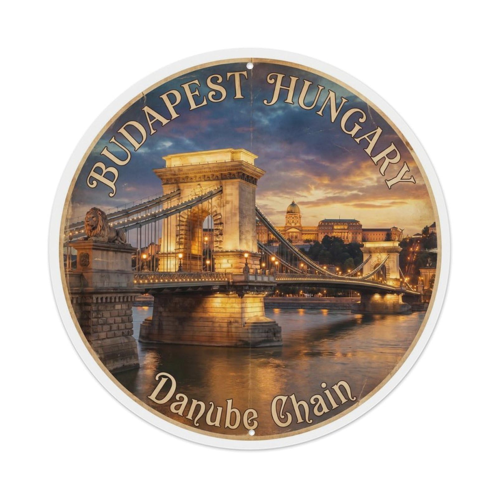 Vintage Travel Budapest Hungary Chain Metal Tin Sign