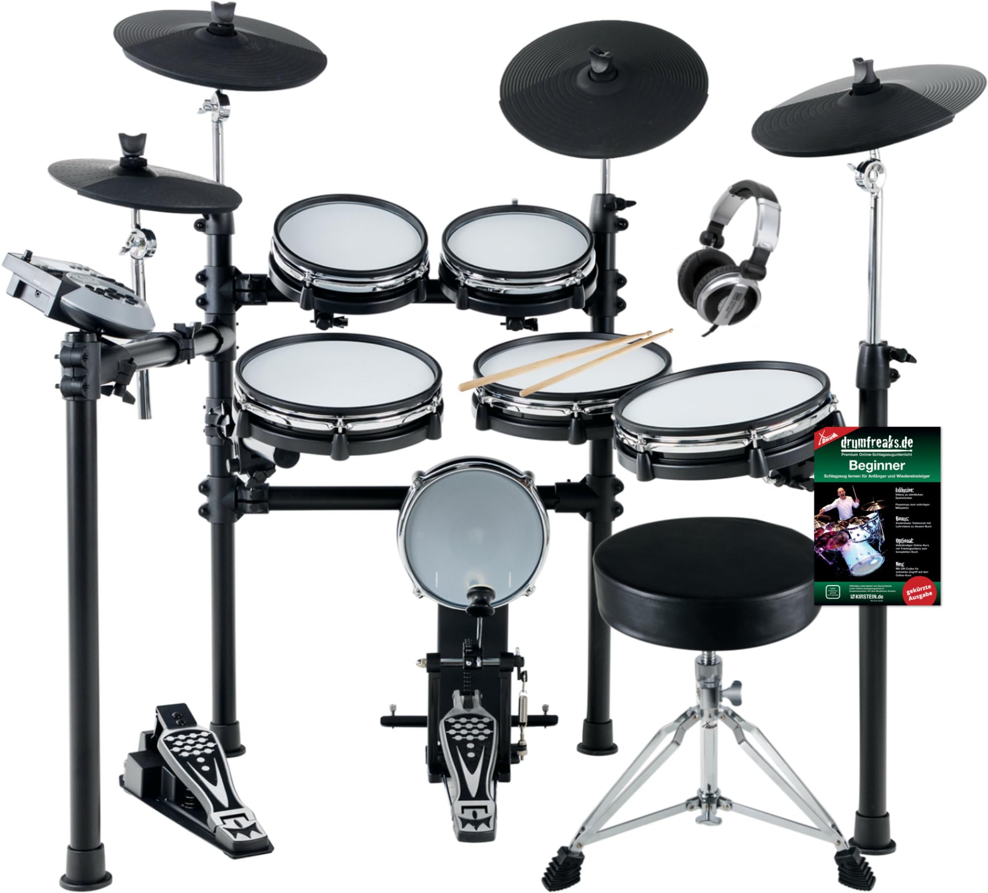 XDrum DD-530 Mesh Heads E-Drum Maxi Kit, Drum Rack, 3x 10"), 2x Crash | 5 Pads de batería estéreo con Mesh Heads (2x 8", 3x 10"), 4 Pads de platillos estéreo (1x HiHat, 1x Ride), 1 Pad de Kick