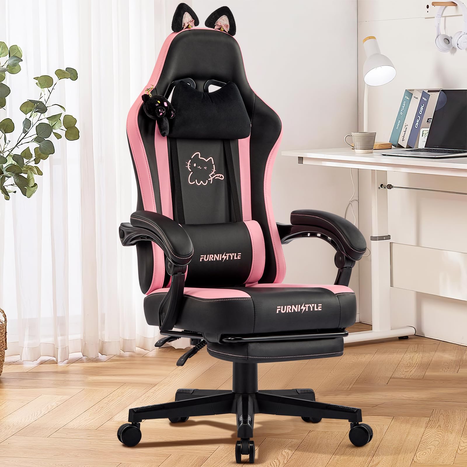 Hellove Chaise Gaming Ergonomique, Fauteuil Gamer avec Repose-Pieds Rétractable, Coussin Lombaire et Oreilles de Chat, pour Filles, Adolescents, Enfants, Cuir PU, Noir et Rose