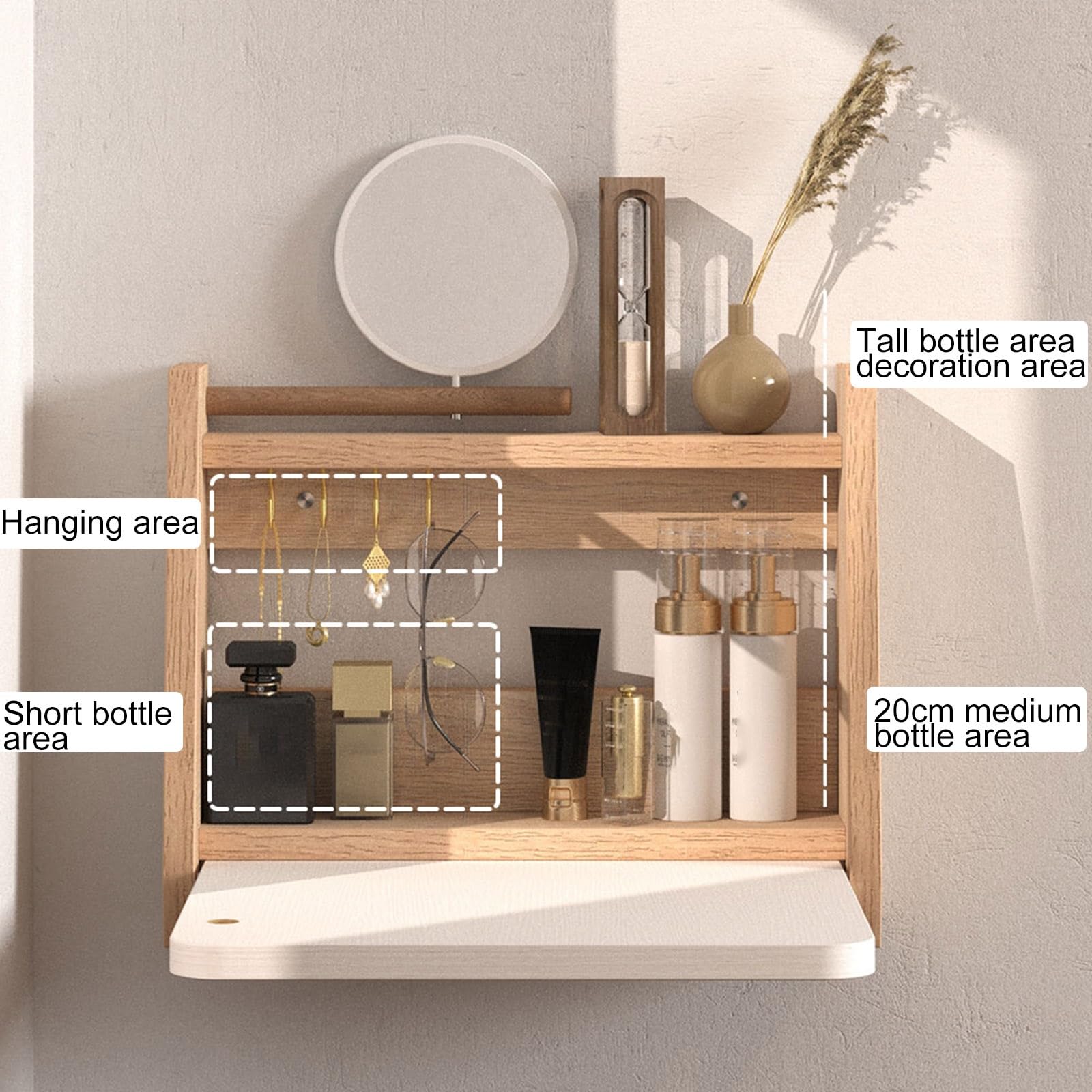 Tavolo da toeletta sospeso a Parete con Specchio, scrivania per Il Trucco salvaspazio per Camera da Letto e Bagno, Piccolo ripiano in Legno (Bianco, 60 cm) - Design Funzionale ed Elegante