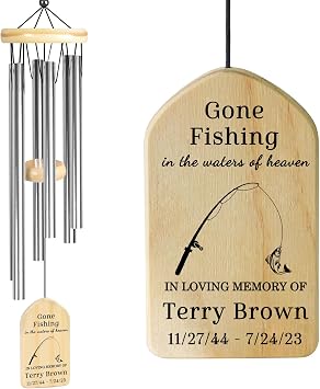 Jocidea Personalized Gone Fishing Memorial Wind Chime, Heavenly Sympathy Gift for Grandpa Dad