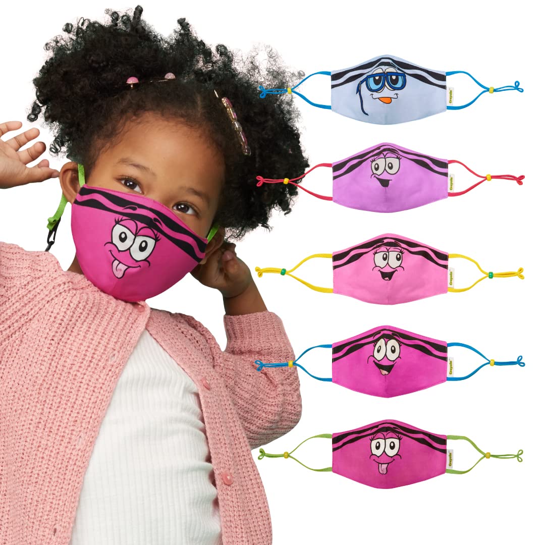Crayola Kids Mask - 5 Reusable Cloth Masks, Back to School Supplies - Small Kids Mask - Tip Faces Pink & Purple, Pack of 5