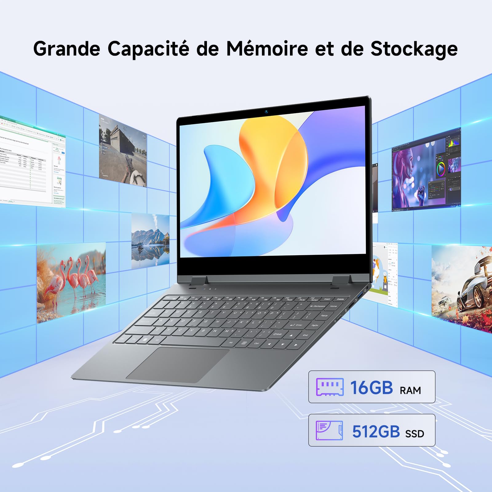BMAX Ordinateur Portable 2 en 1 Intel N150 14" Écran Tactile 16Go RAM 512Go SSD Clavier Rétroéclairé Win11