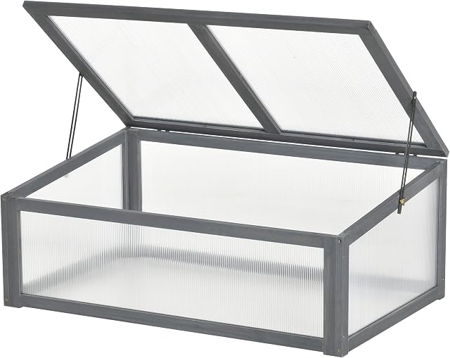 Outsunny Wooden Framed Polycarbonate Cold Frame Greenhouse for Plants Outdoor with Openable & Tilted Top Cover, PC Board, Brown, 100 x 65 x 40cm