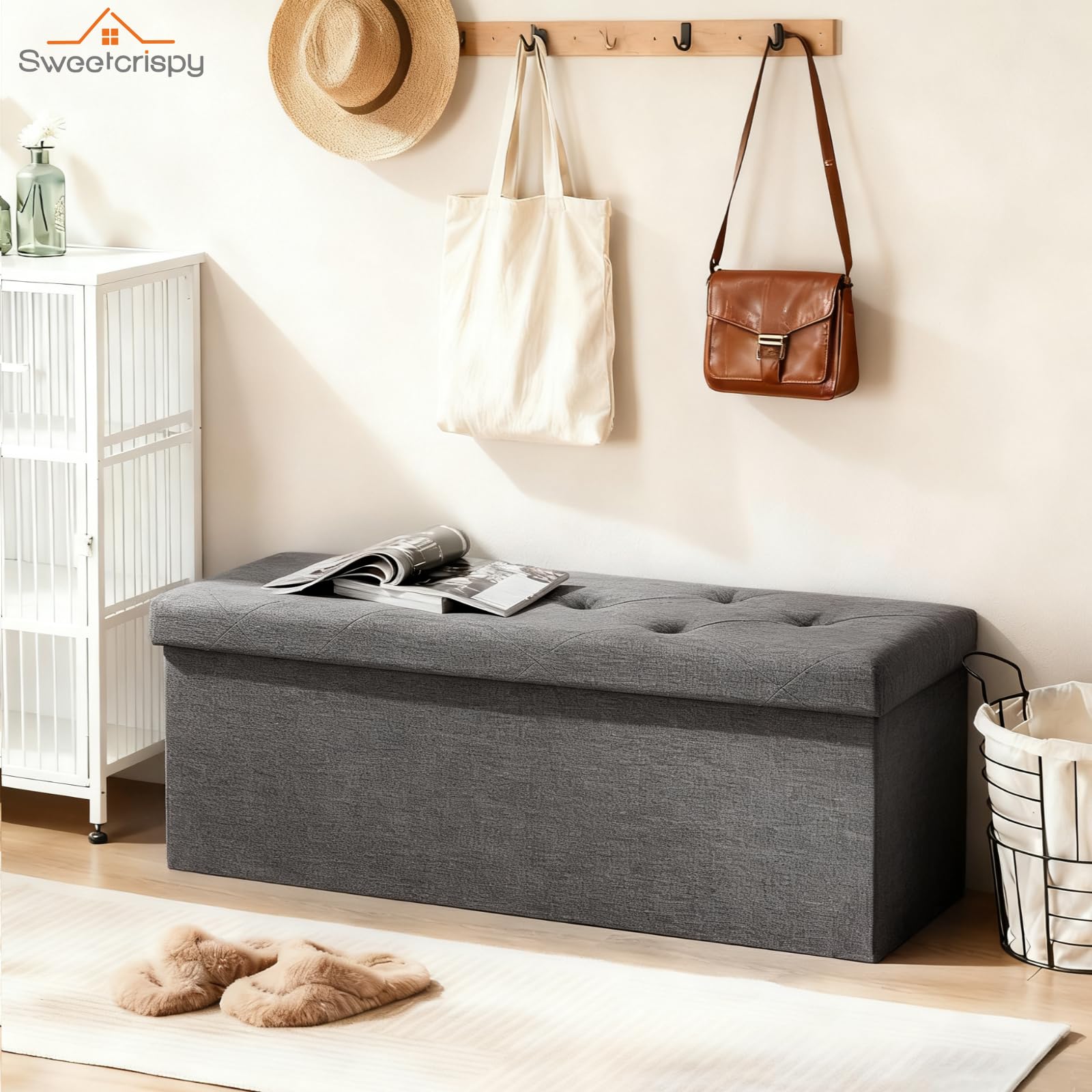 Sweetcrispy Sitzbank mit Stauraum, Klappbare Sitztruhe, Sitzhocker, 110 x 38 x 38 cm, Aufbewahrungsbox mit Deckel als Hocker & Fußbank, bis 300 kg belastbar, für Wohnzimmer Schlafzimmer Flur, Grau