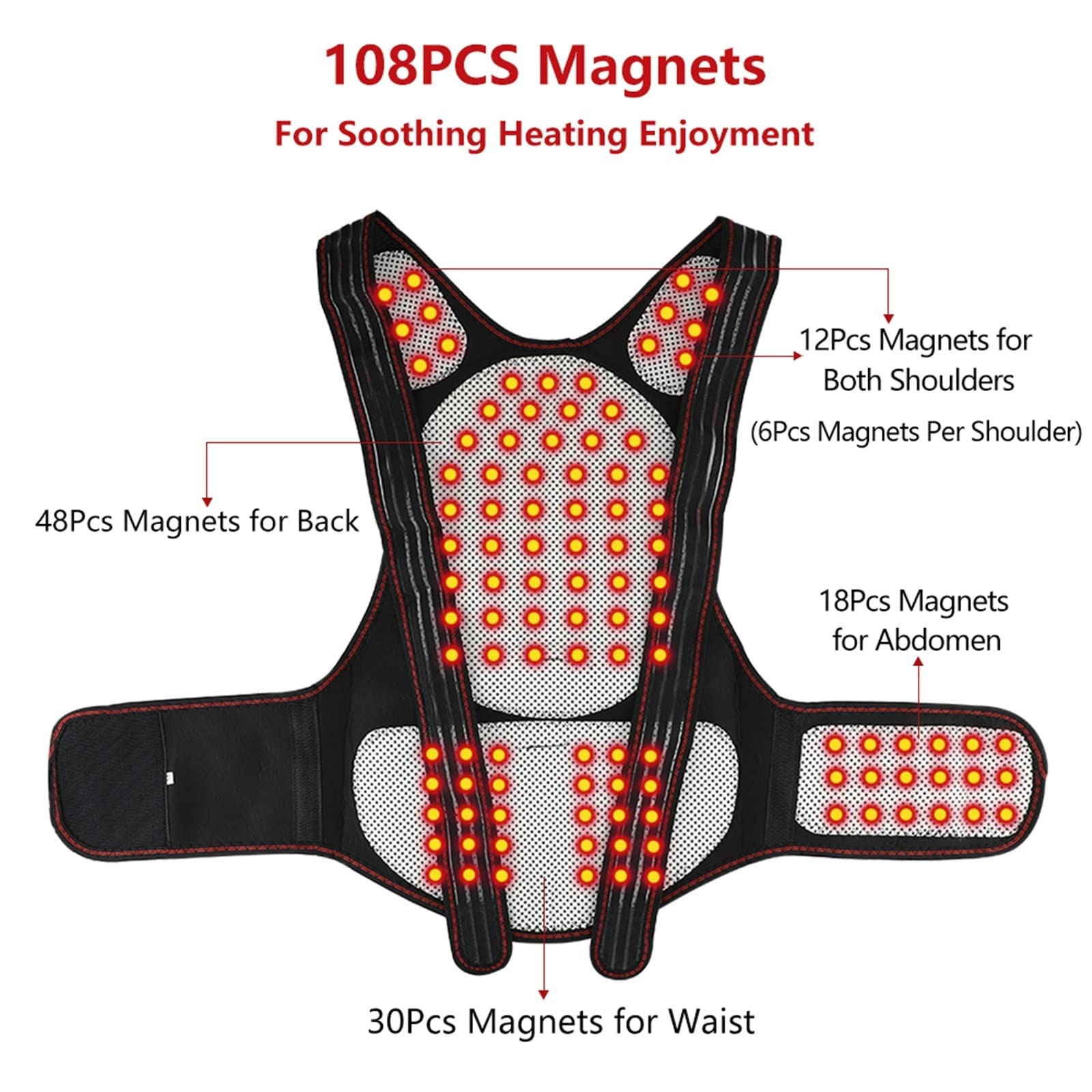 Korektor pleców 108 szt. Magnesy Podgrzewana odzież Magnetyczna podgrzewana kamizelka Korektor postawy Talia Brace Poduszka lędźwiowa Gorset do podparcia pleców Ulga w bólu Zdrowie i relaks (kolor: