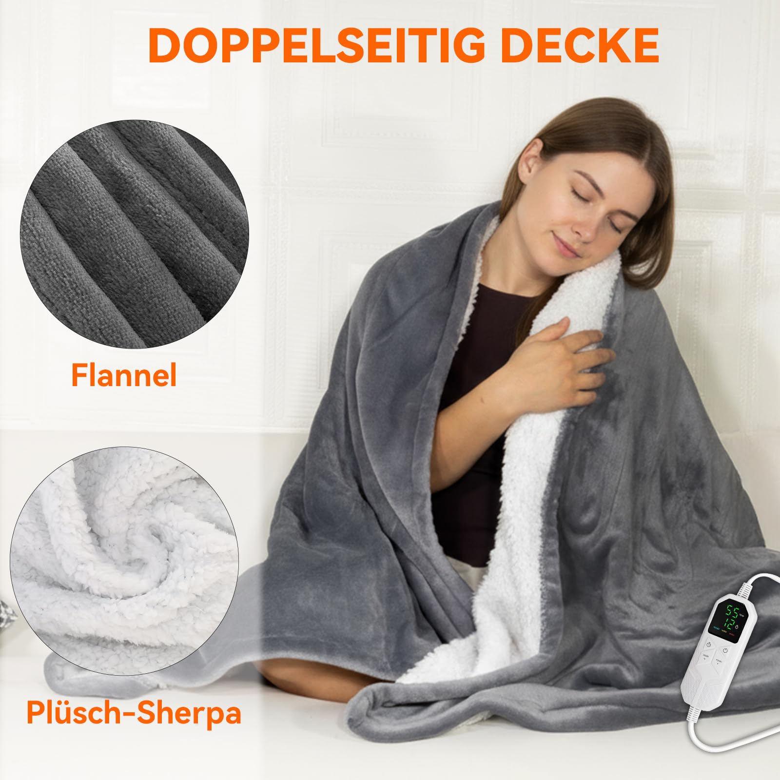 Warmfay Heizdecke mit Abschaltautomatik, 180 × 150 cm Flanell Elektrische Wärmedecke mit 8 Heizstufen & 1-12 Stunden Timer, Überhitzungsschutz, Waschbar Kuscheldecke für Bett & Sofa - Dunkelgrau