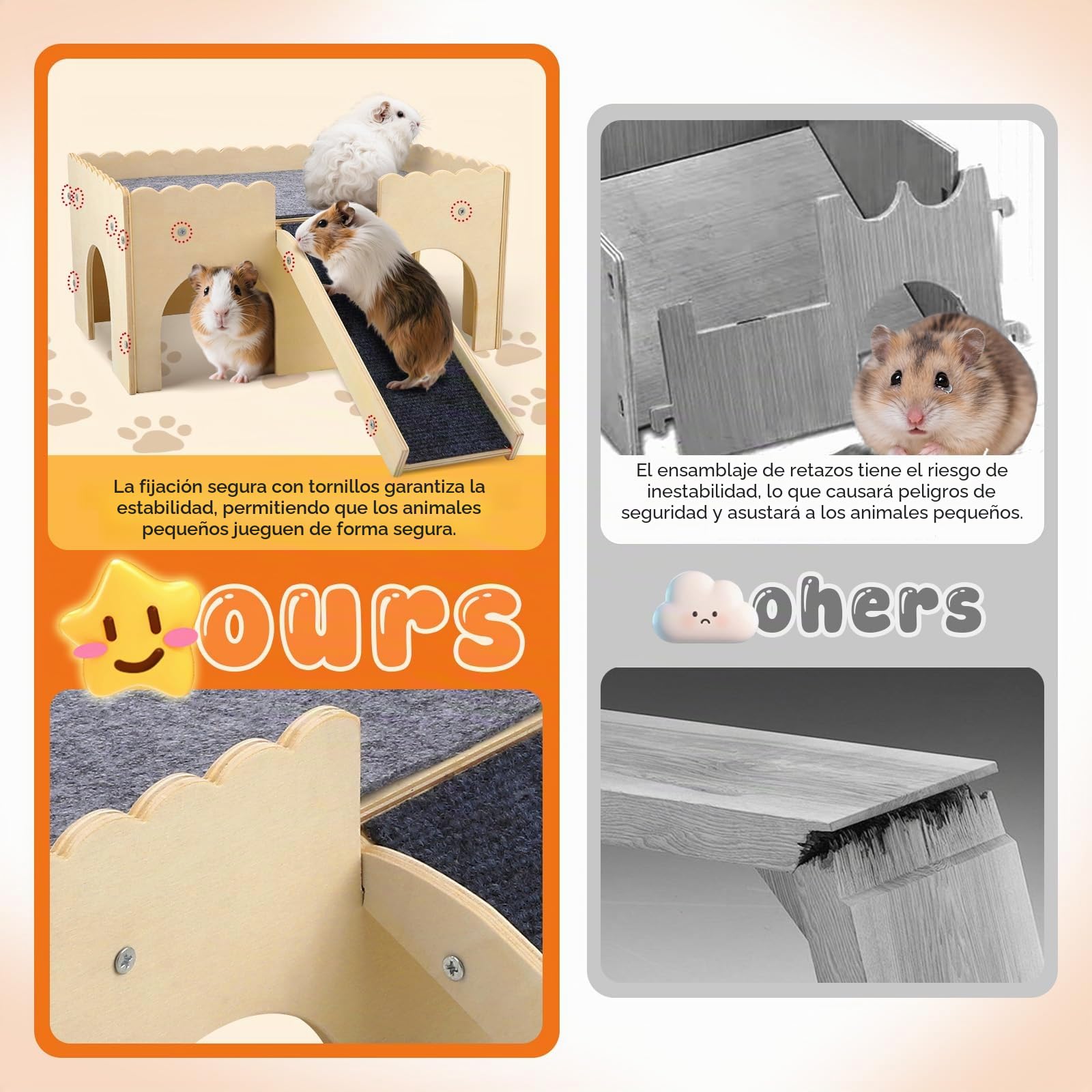 Escondite para Conejillos de Indias, Juguete de Madera con escaleras y esteras, 2 Animales pequeños, esconde y Castillo para hámsters, Conejos y Chinchillas