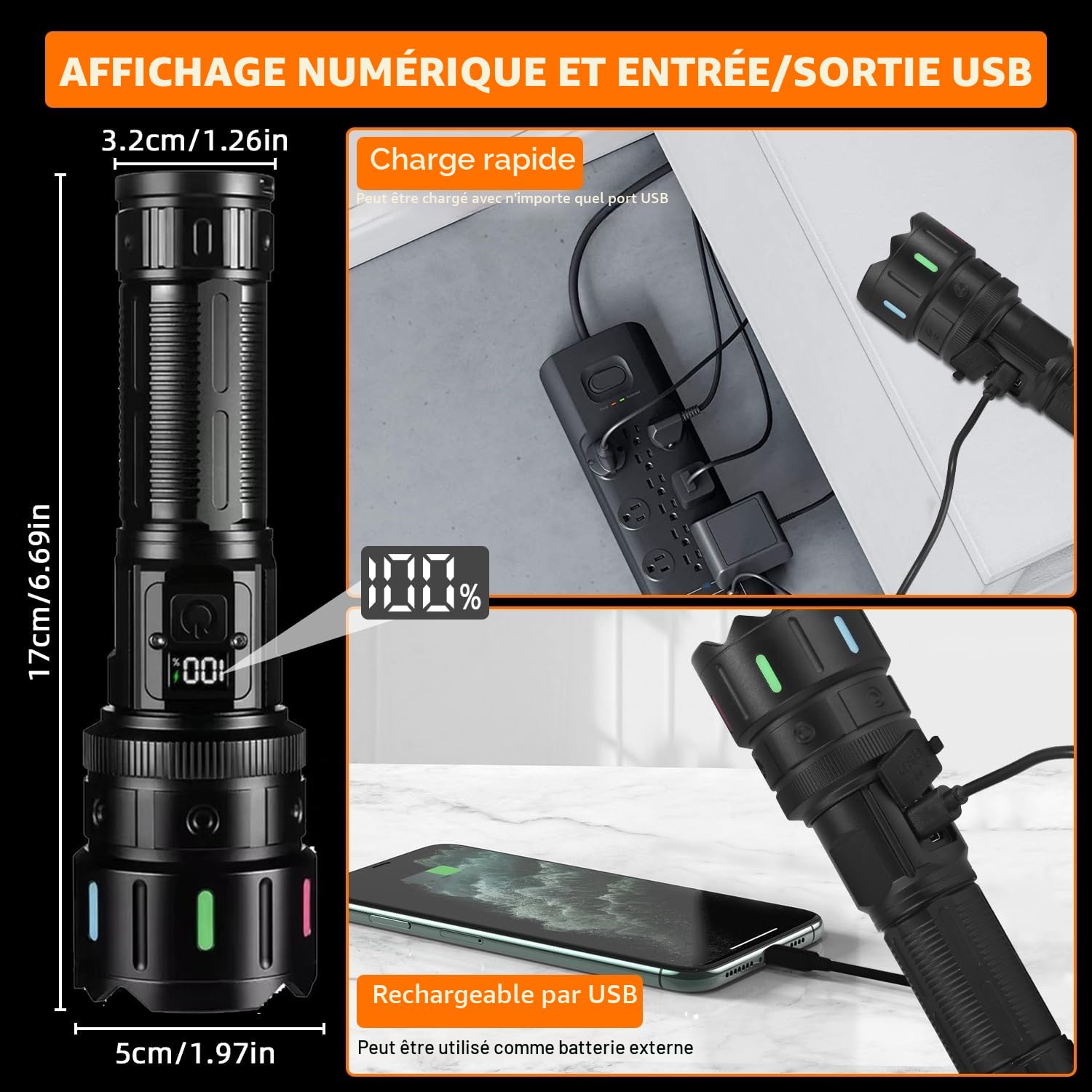 Lampe Torche LED Ultra Puissante, 1200000 Lumen Lampe de Poche Rechargeable avec Batterie 5000mAh,Lampe Torche Puissante de Zoomable 5 Modes, IP67 Étanche Torche Tactique pour Camping Randonnée Pêche
