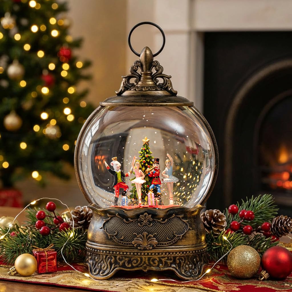 Boule à neige lumineuse de Noël 25,4 cm, boîte à musique pailletée, décorations alimentées par USB et piles (crèche dans le temple)