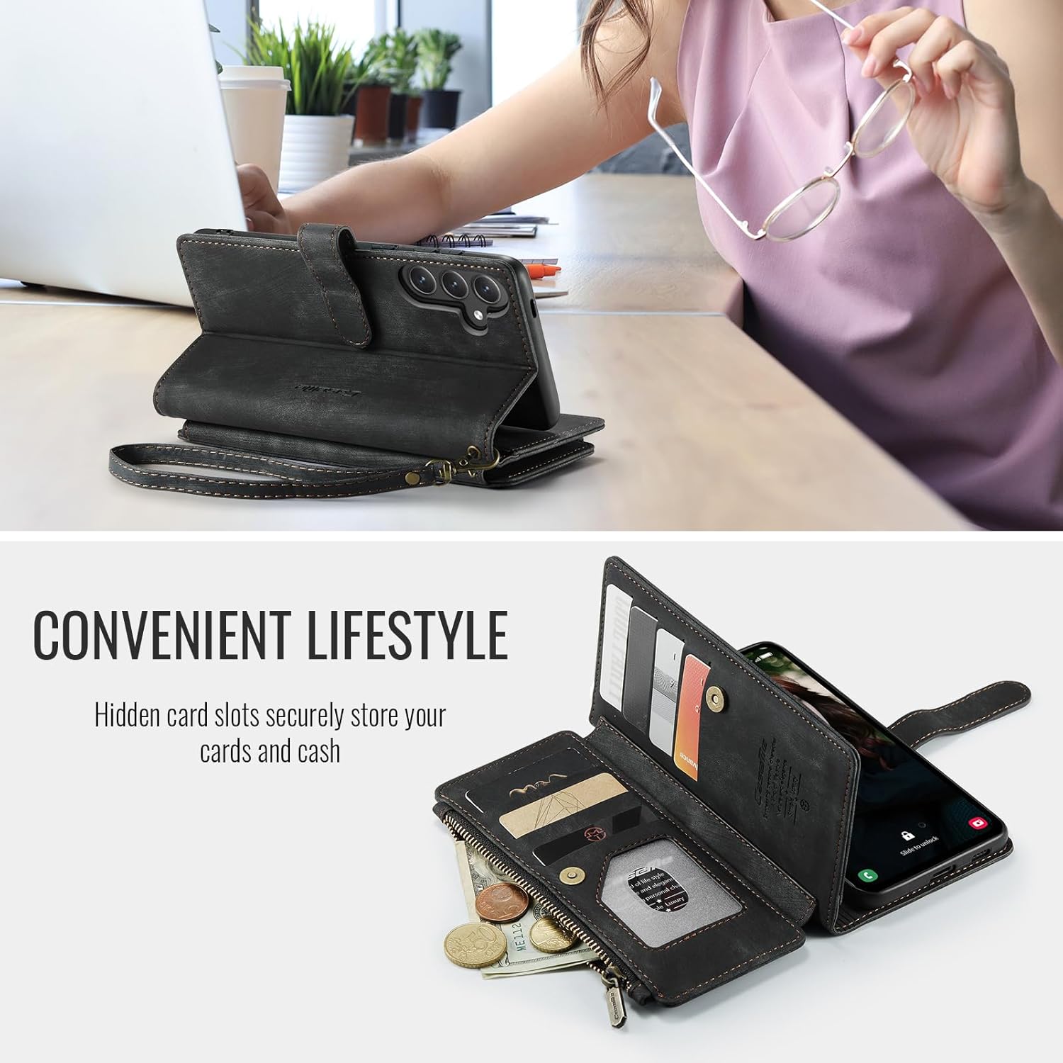 Samsung Galaxy S24 FE 5G Wallet Case with Card Holder Kickstand Magnetic Zipper Pocket Lanyard Strap Wristlet,Leather Flip Case Wallet for Samsung Galaxy S24 FE 6.7 Inch(Black)