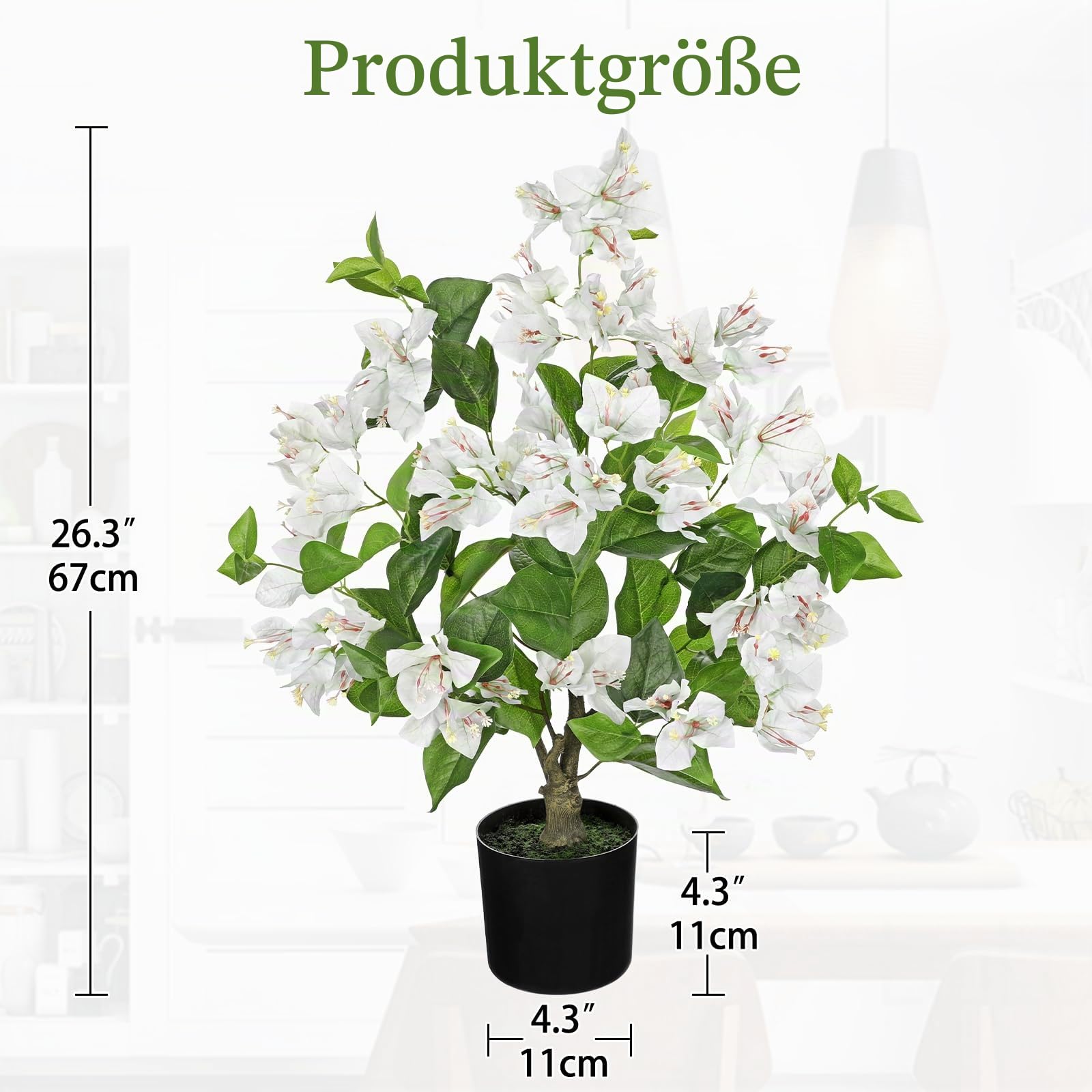 Kunstblumen Frühling Deko 67 cm Künstliche Bougainvillea im Topf | Künstlicher Drillingsblume Weiß Künstliche Frühlingblumen Dekoblumen für Tisch Wohnzimmer Schlafzimmer Deko