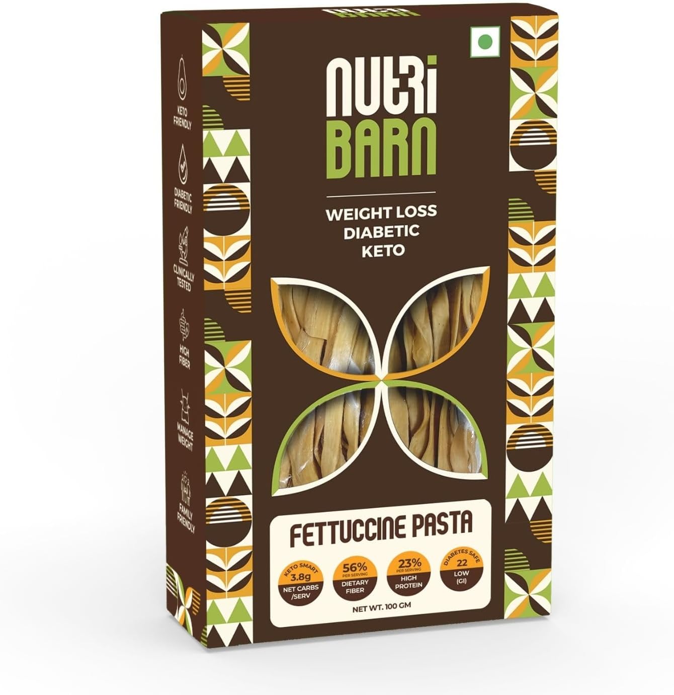 High Protein Low Carb Fettuccine Pasta 100 Gms | 23% Protein | 3.8g Net Carbs | Lab Tested Low GI 22 | Diabetic Friendly, Weight Management Flat Noodles | 100g (1 Pack)