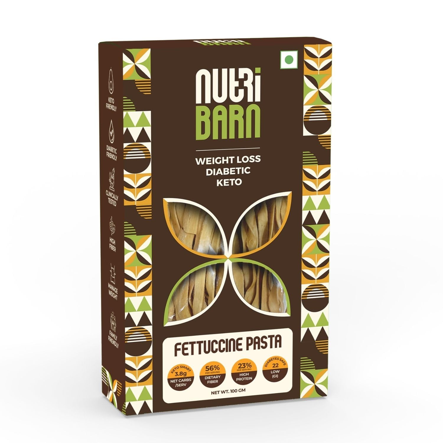 Nutribarn High Protein Low Carb Fettuccine Pasta 100 Gms | 23% Protein | 3.8g Net Carbs | Lab Tested Low GI 22 | Diabetic Friendly, Weight Management Flat Noodles | 100g (1 Pack)