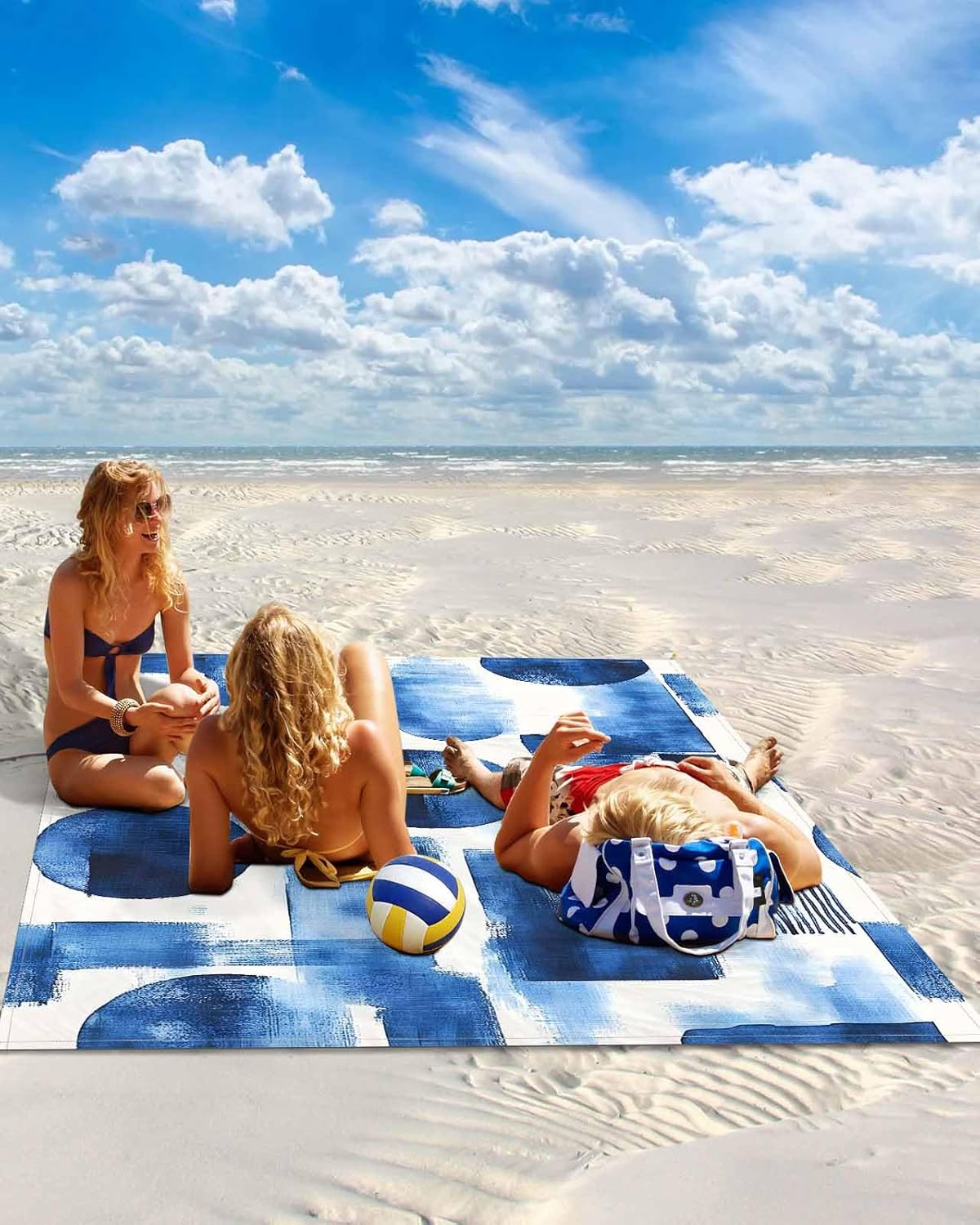 Abstract Blue Gradient Geometric Pattern Beach Blanket Extra Large 95x80in Outdoor Waterproof Sandproof Picnic Blankets with Stakes Lightweight Beach Mat for Camping Travel Hiking,Modern Color Block