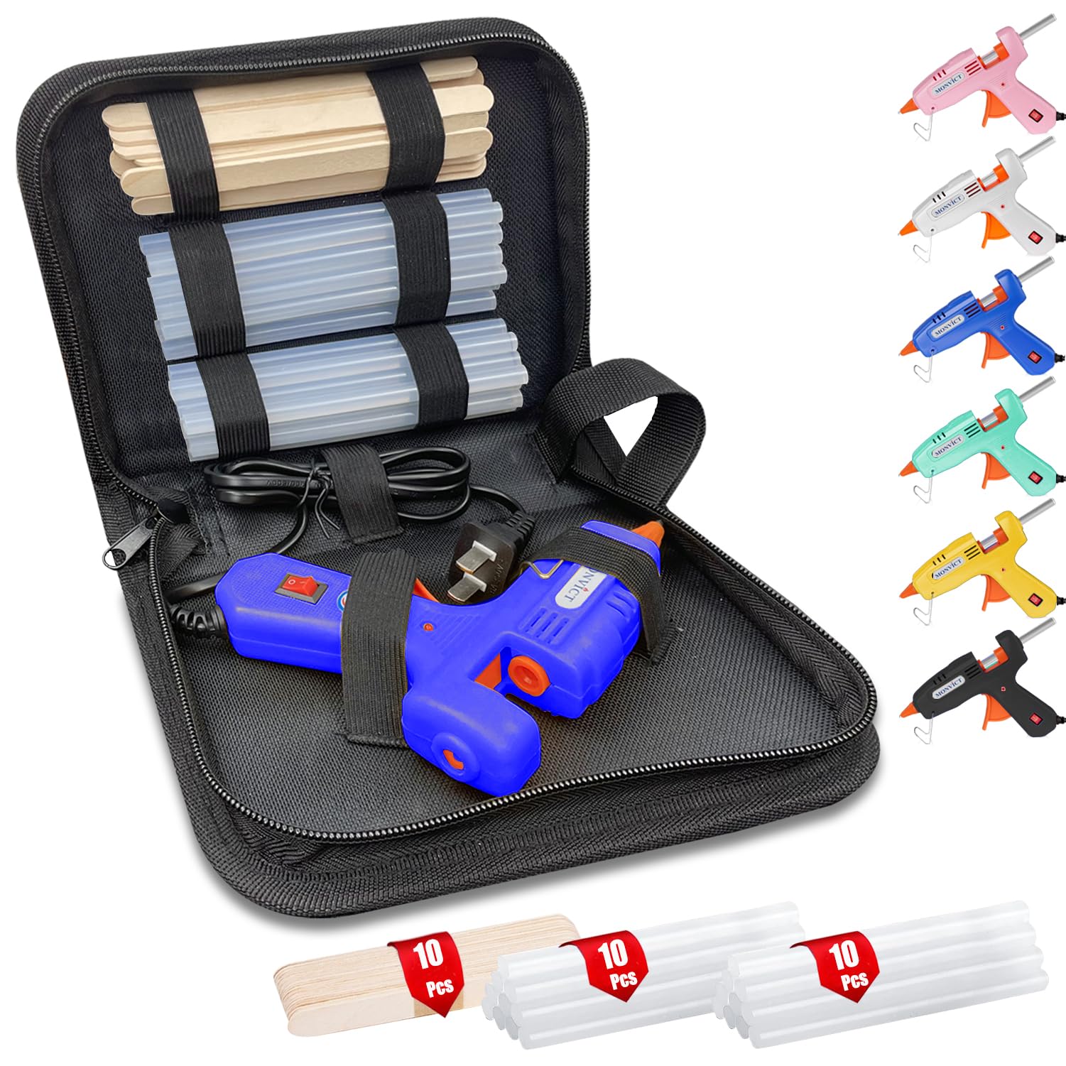 MONVICT Hot Glue Gun Kit, Mini Glue Gun with Carrying Case,20 Pcs Premium Glue Sticks, 10 Pcs Wood Craft sticks, Fast Preheating Hot Melt Glue Gun for
