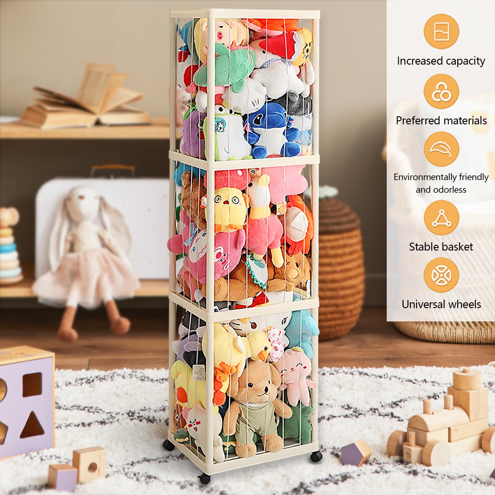 Kuscheltier Aufbewahrung, Stofftier Aufbewahrung mit Elastisches Band und 360°Bremse-Ausgestattete Räder Plüschtier Lagerung Kuscheltierzoo für Kinderzimmer Spielzimmer Schlafzimmer Organizer
