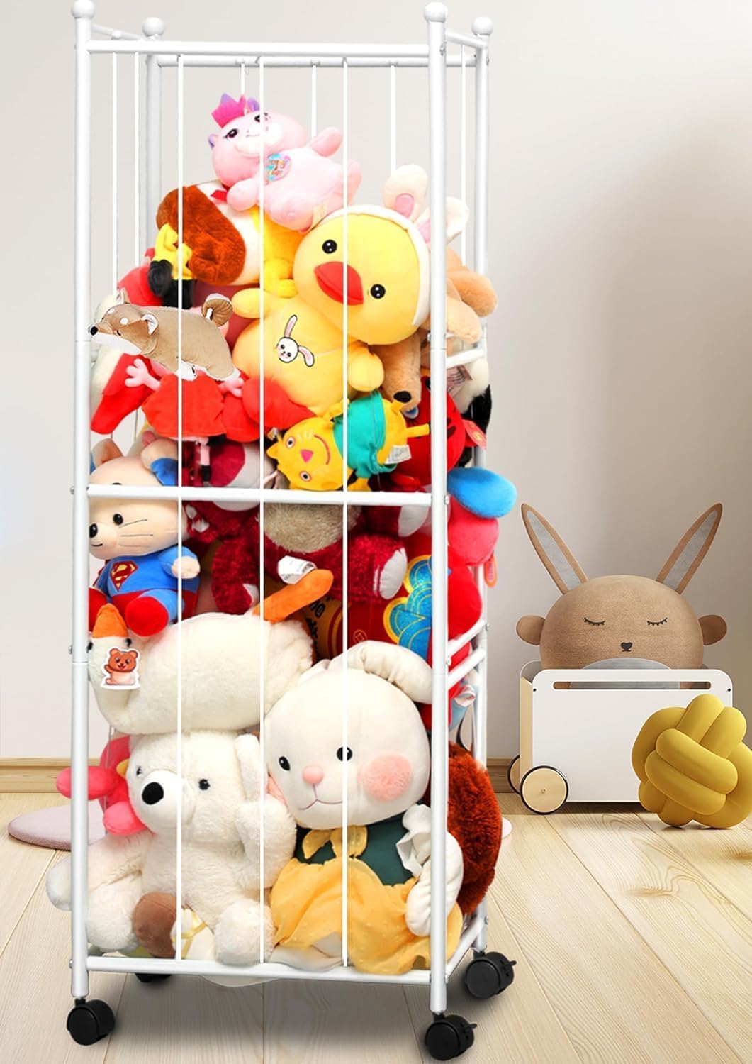 OGFC 72101 Metal Tube Stuffed Animal Storage, Plush Toy Storage Organizer Shlf, Extra Large Stuffed Animal Holder Wheels, Soft Toys, Storage for Nursery Playroom Kids Room, White-image-6