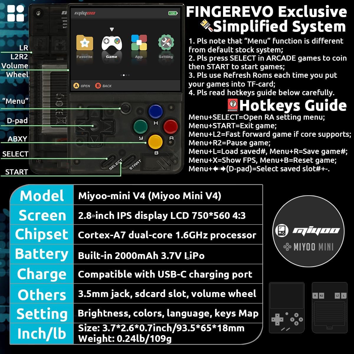 Whatsko MiyooMini V4 Consola de Juegos Portátil,Consola Retro 64GB con 10000 Juegos,Sistema Linux Cortex-A7 Pantalla IPS de 2.8 pulgadas 2000mAh,Soporta WiFi HDMI y Salida TV(Negro)