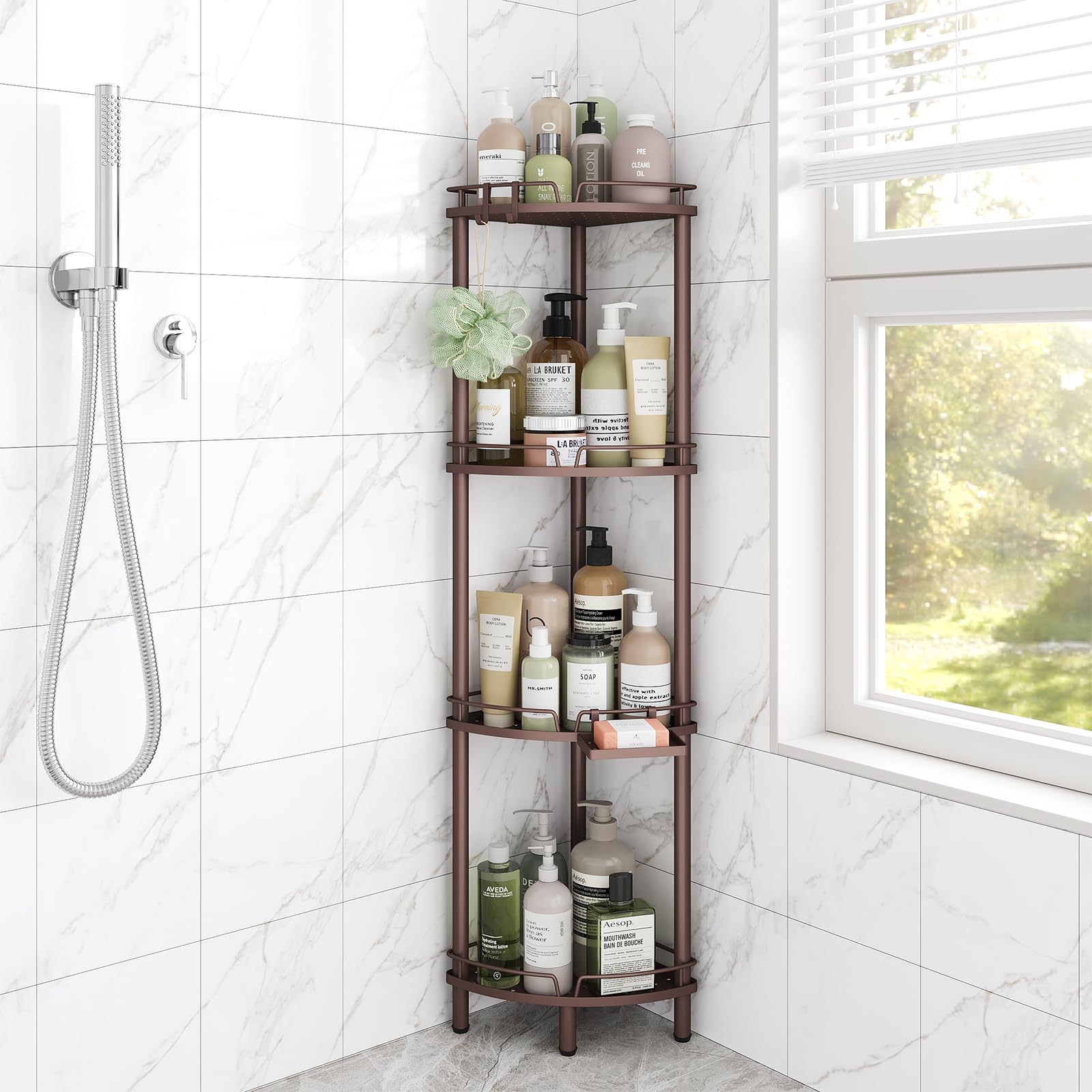 ELYKEN Corner Shower Caddy Standing, 4 Tier Rustproof Metal Shower Organizer with Soap Holder, Floor Corner Shelf Rack Storage Stands with Adjustable Feet & 2 Hooks for Bathroom, Bronze