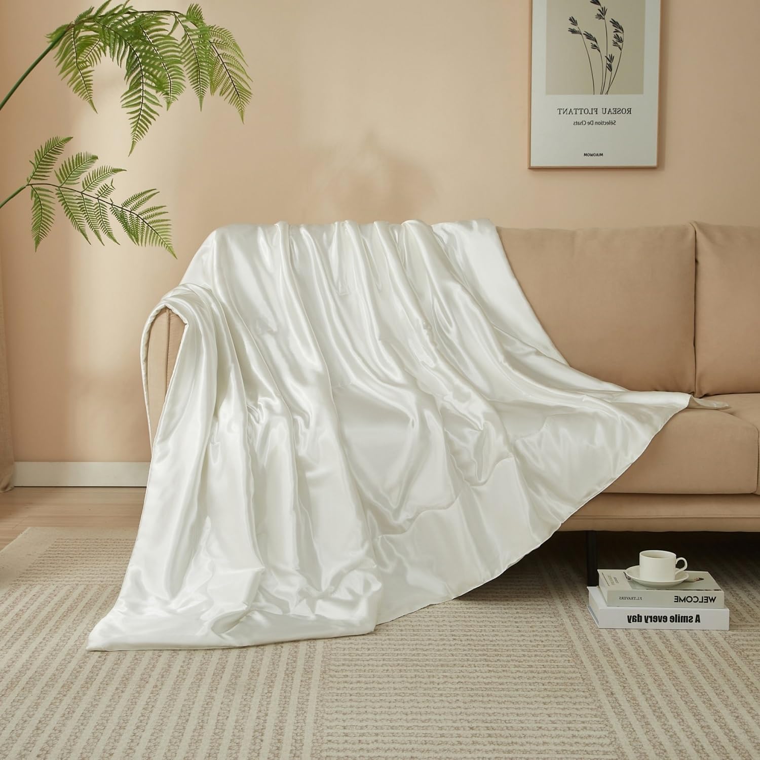 Luowei Coperta estiva in raso 200 x 200 cm bianco Raffreddamento liscio seta coperta confortevole traspirante può mantenere il corpo fresco per sudorazioni notturne e viaggi all'aperto