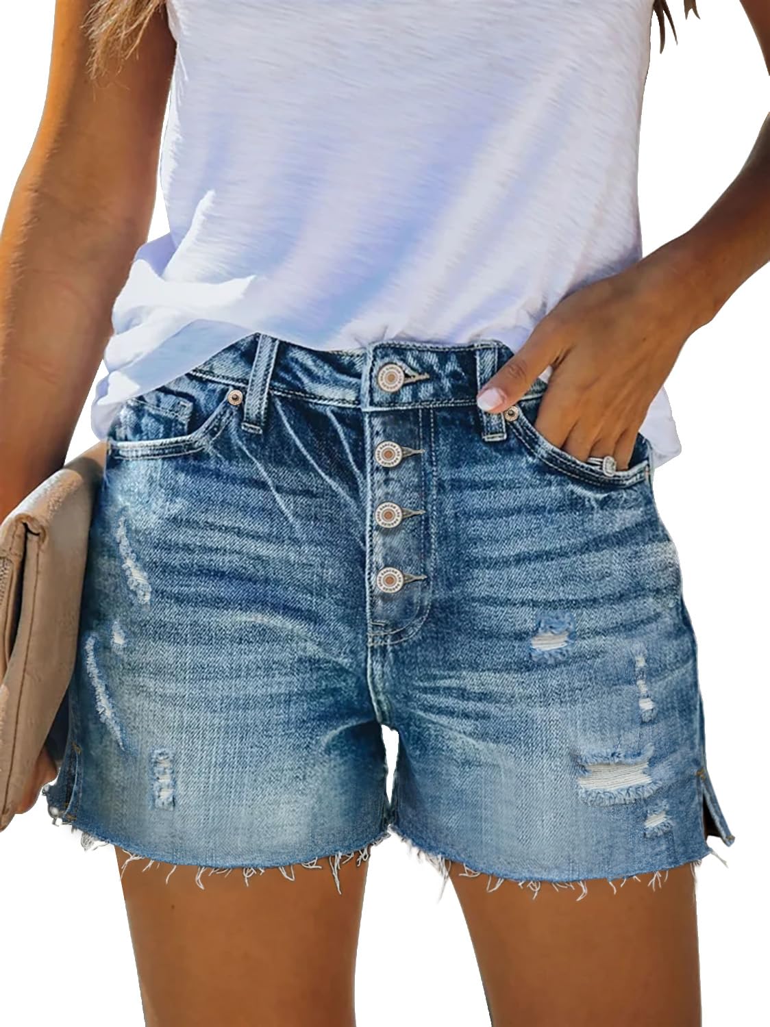 onlypuff Women Ripped Denim Shorts Distressed Mid Rise Stretchy Casual Jean Shorts