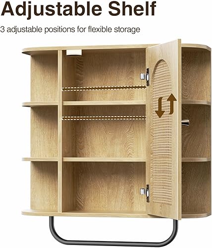 Miniatura 8 de Armario de pared de baño de ratán con toallero, gabinete de medicina montado en la pared con puerta arqueada y estantes ajustables, organizador de